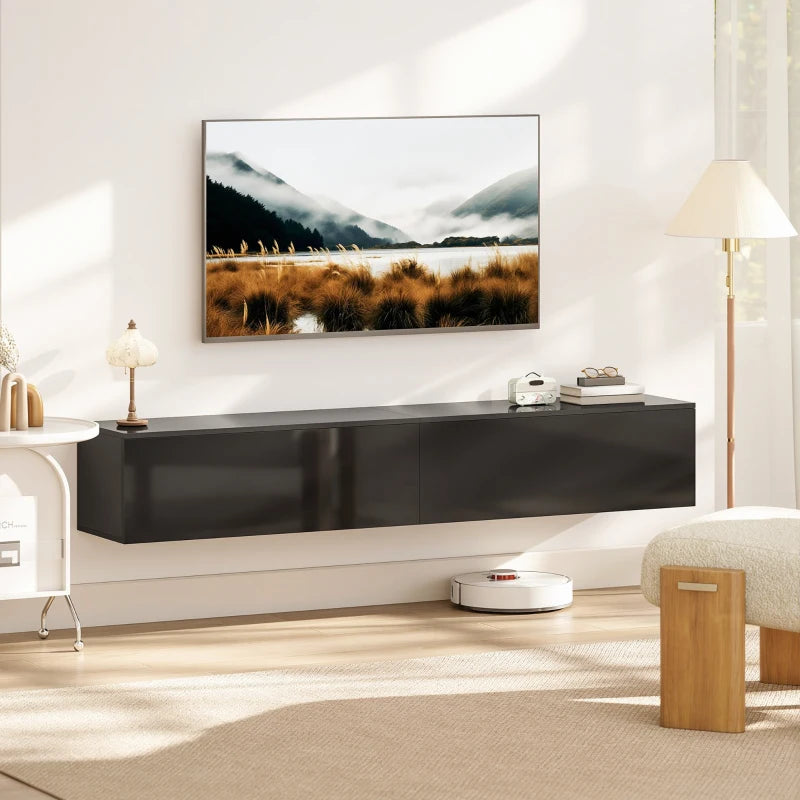 70.9 Inch Floating TV Cabinet with 2 Flip Doors, Modern Black Entertainment Center