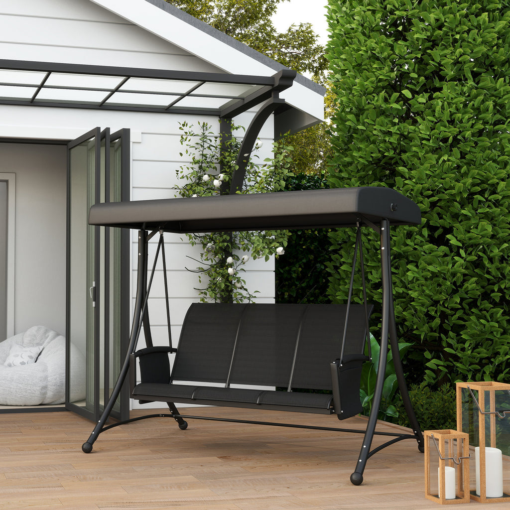3 Person Outdoor Porch Swing Chair with Adjustable Canopy, Black