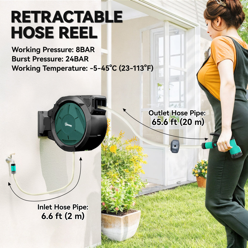 1/2 in x 65ft Wall Mounted Garden Hose Reel, Retractable Water Hose Reel with Auto Rewind, Any Length Lock, Blue