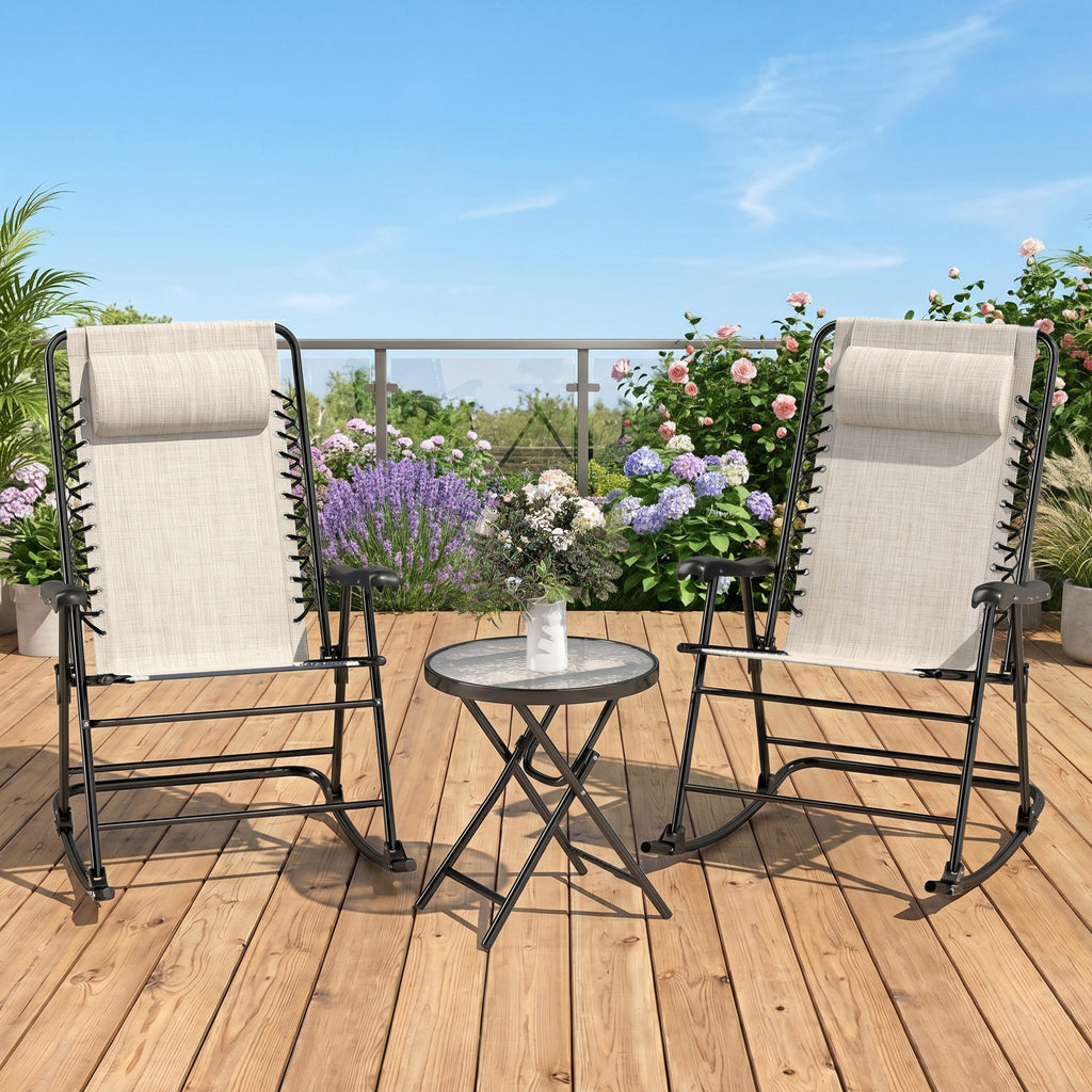 3pc Patio Rocking Chair Set, Folding Outdoor Rocking Chairs and Table Bistro Set w/ Breathable Mesh Seat & Backrest, Headrest for Park, Backyard, Garden, Cream White