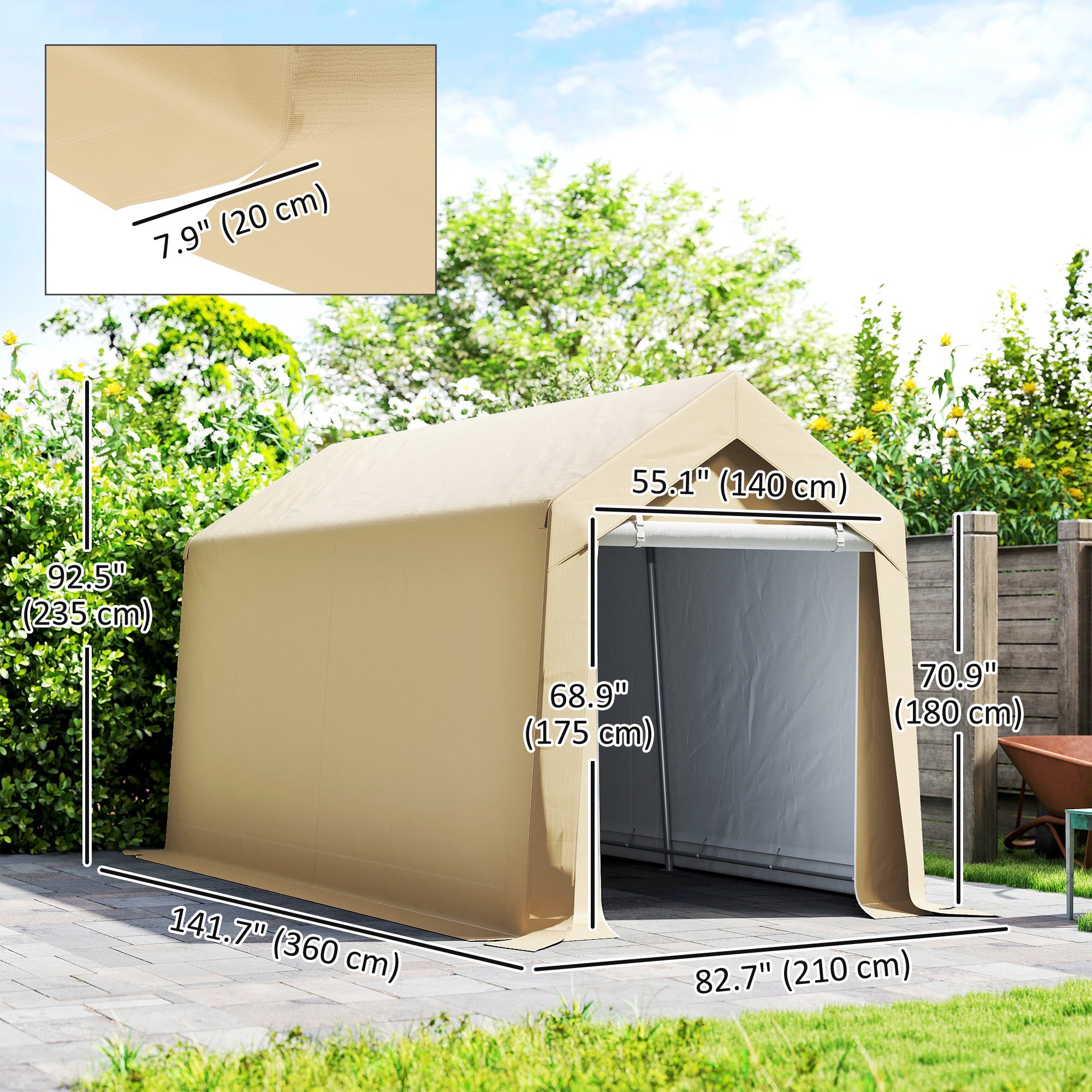 7' x 12' Outdoor Storage Shed Portable Garage with Roll-up Door for Motorcycle, Bike, Garden Tools, Beige