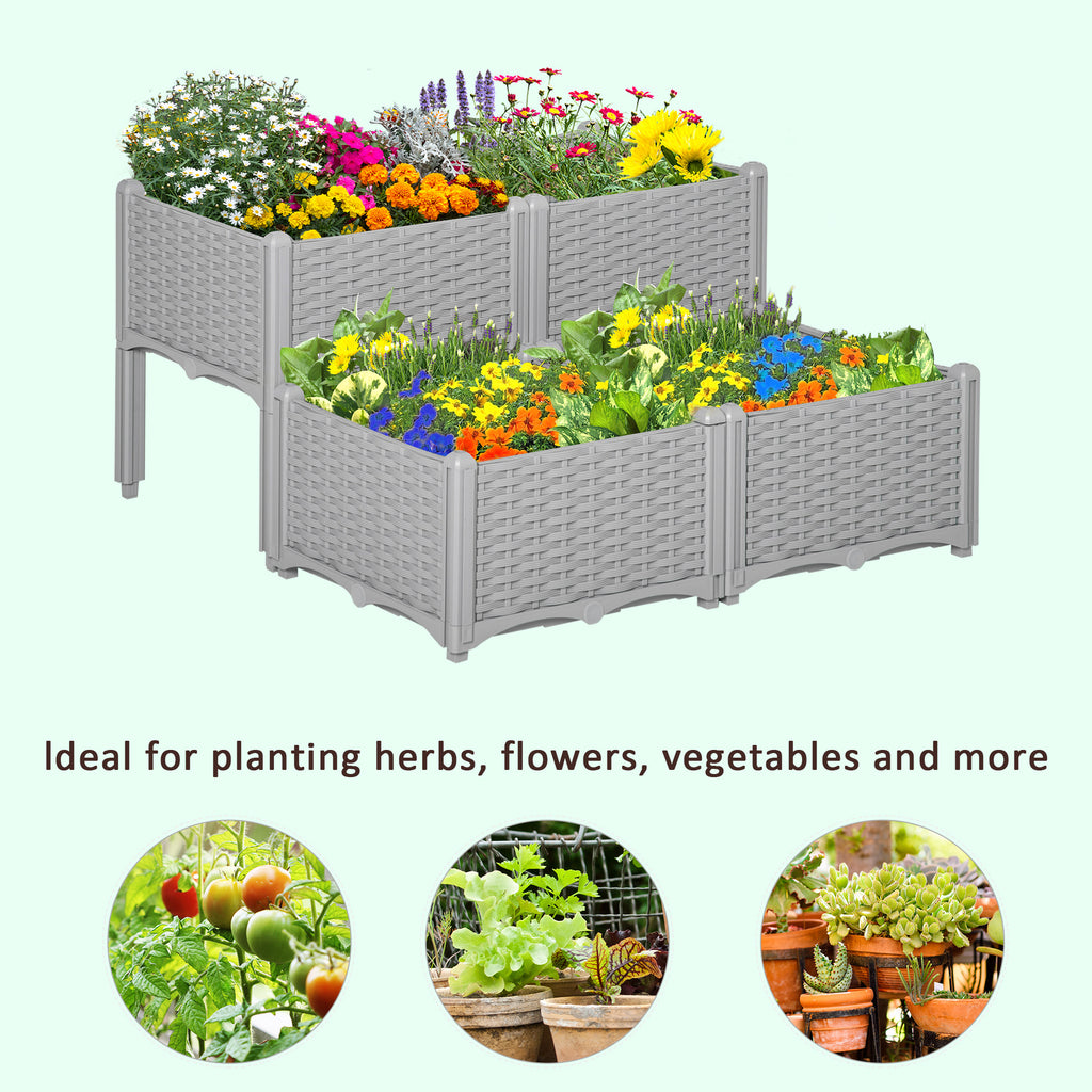 4-piece Raised Garden Bed PP Raised Flower Bed Vegetable Herb Grow Box Stand Grey
