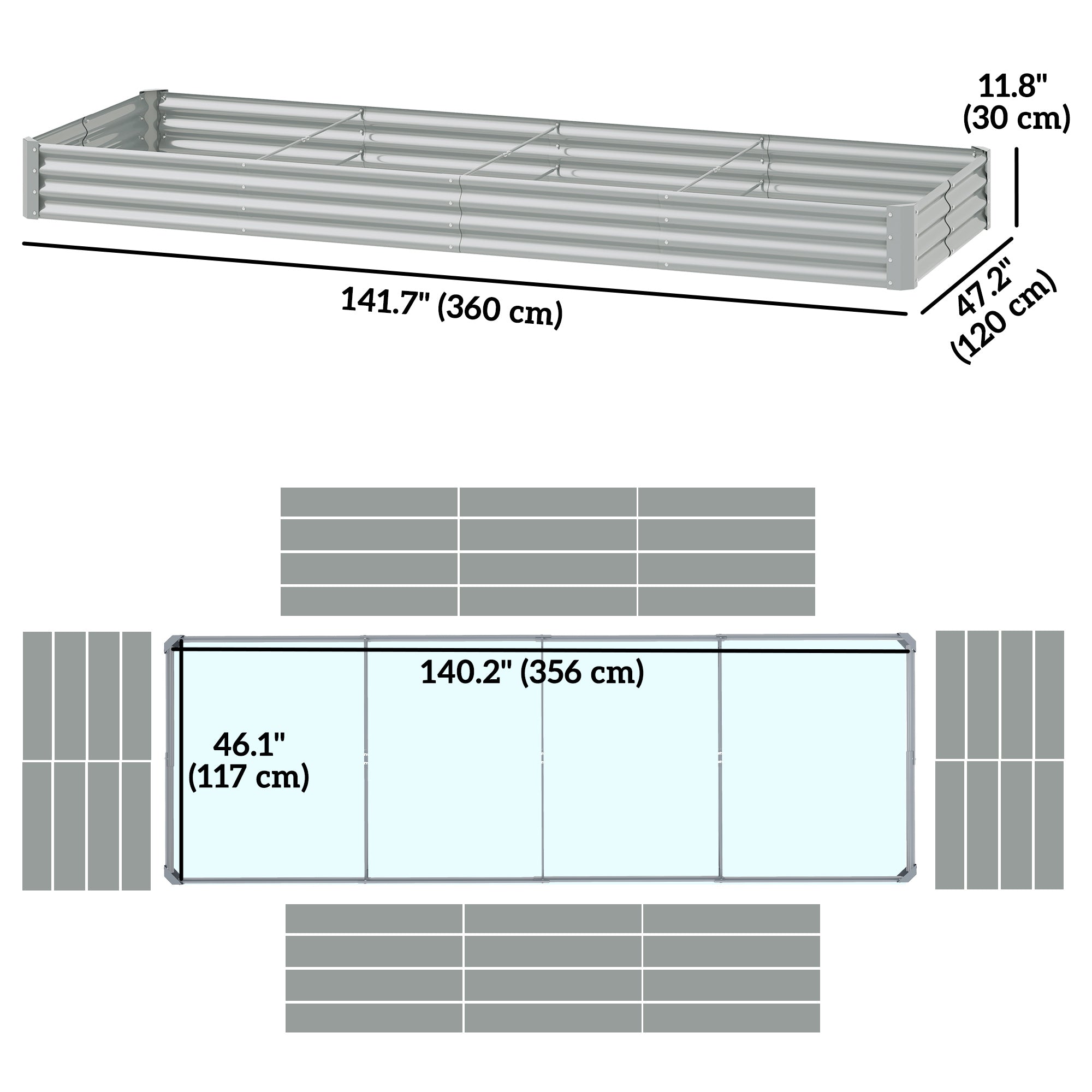 12 x 4 x 1ft Galvanized Raised Garden Bed, Reinforced Outdoor Planter Box with Open Bottom, Silver