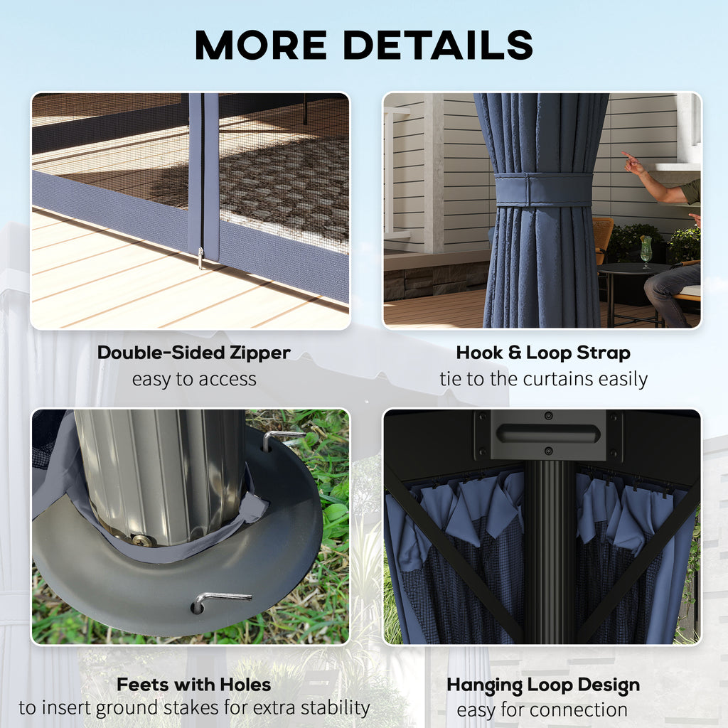 10' x 10' Outdoor Patio Gazebo Double Soft-top Garden Shelter Tent with Curtains, Mesh Screen Drapes, Dark Blue