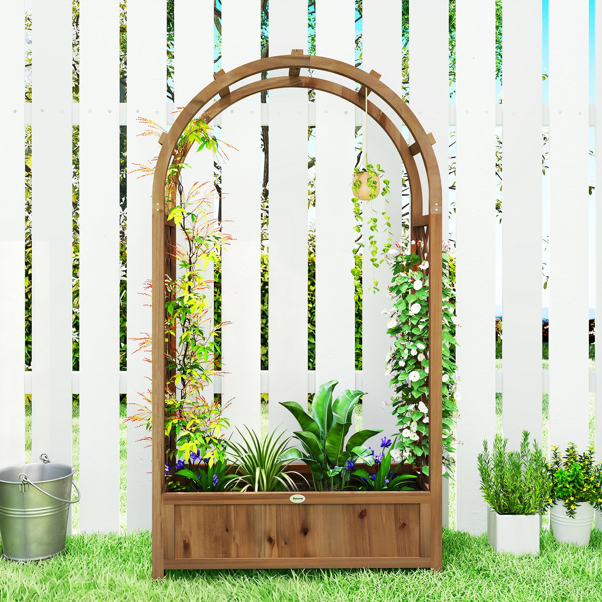 Raised Garden Bed with Arch Trellis, Freestanding Garden Planter Box, Outdoor Planter Container, Dark Brown Wood Effect