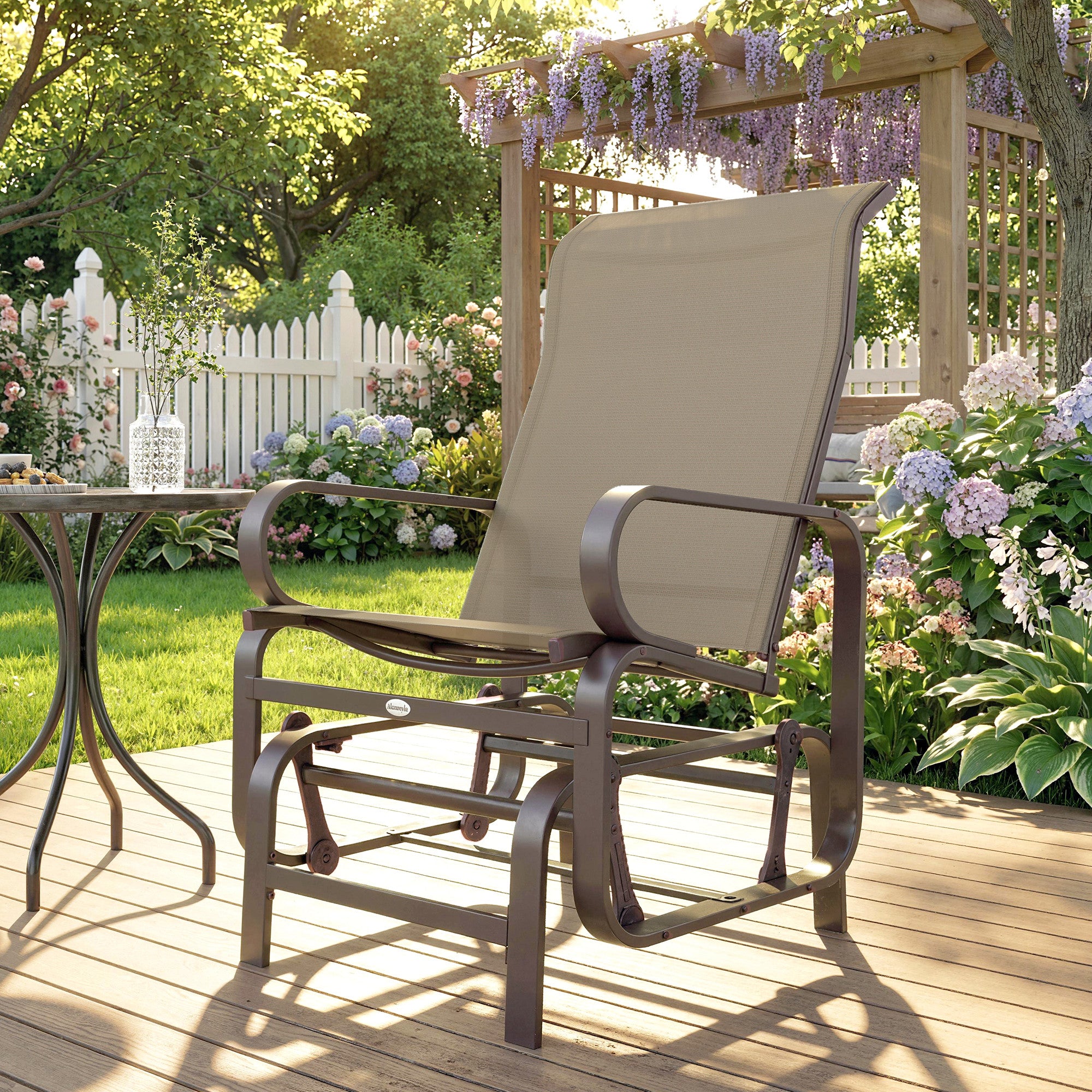 Patio Glider, Outdoor Glider Chair with Breathable Mesh Fabric for Patio, Yard, Porch, Brown