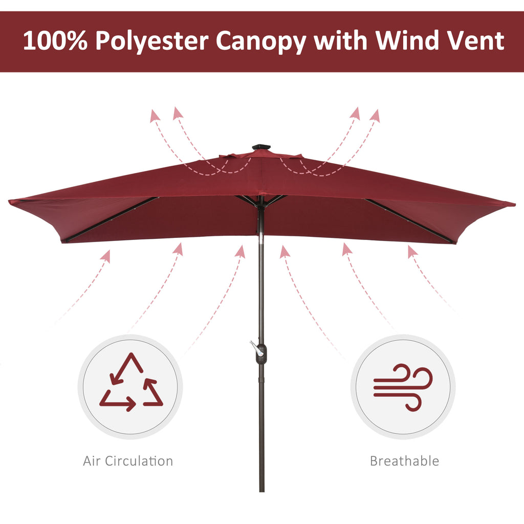 6.5x10ft Patio Umbrella Rectangle Solar Powered Tilt Aluminum Outdoor Market Parasol with LEDs Crank (Wine Red)