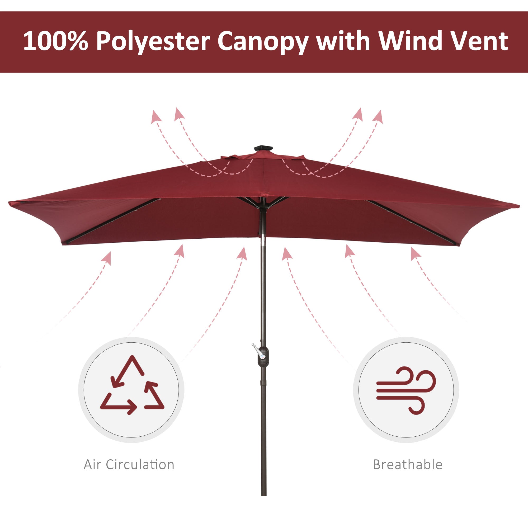6.5x10ft Patio Umbrella Rectangle Solar Powered Tilt Aluminum Outdoor Market Parasol with LEDs Crank (Wine Red)