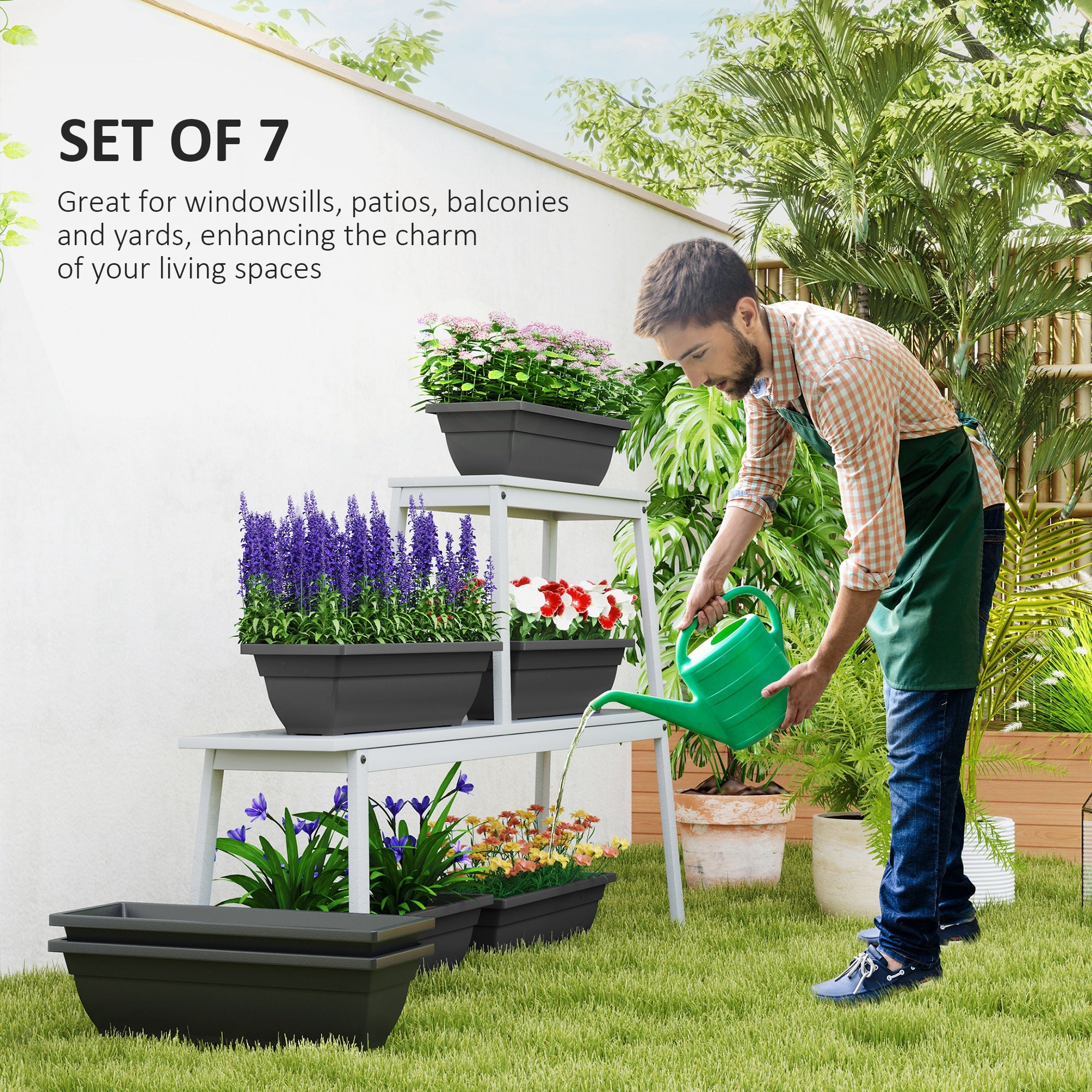 Long Rectangular Flower Plant Pots, 7 Pack 23 Inches Window Boxes Planters for Windowsill, Garden, Black