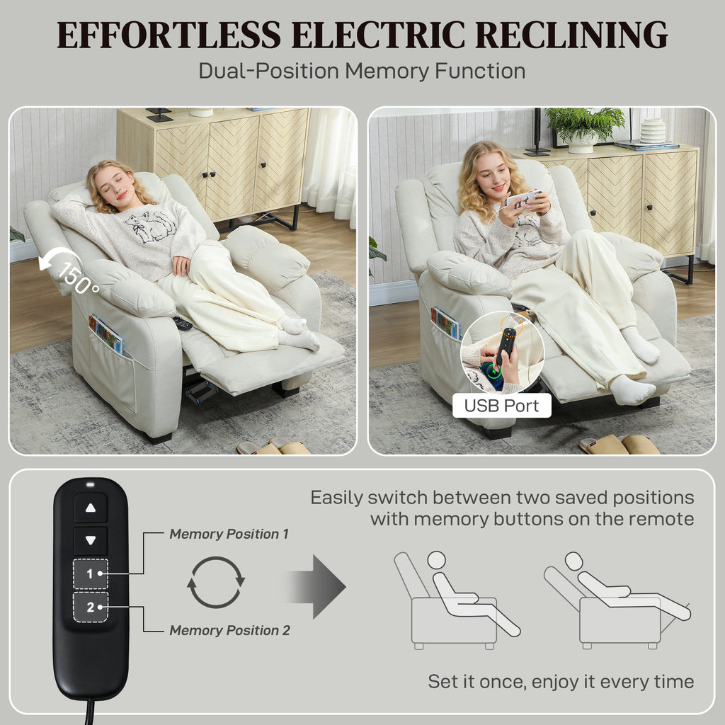 Massage Recliner Chair with Quiet Brushless Motor Pet-Friendly Fabric Power Recliner with 2 Memory Positions Cream White