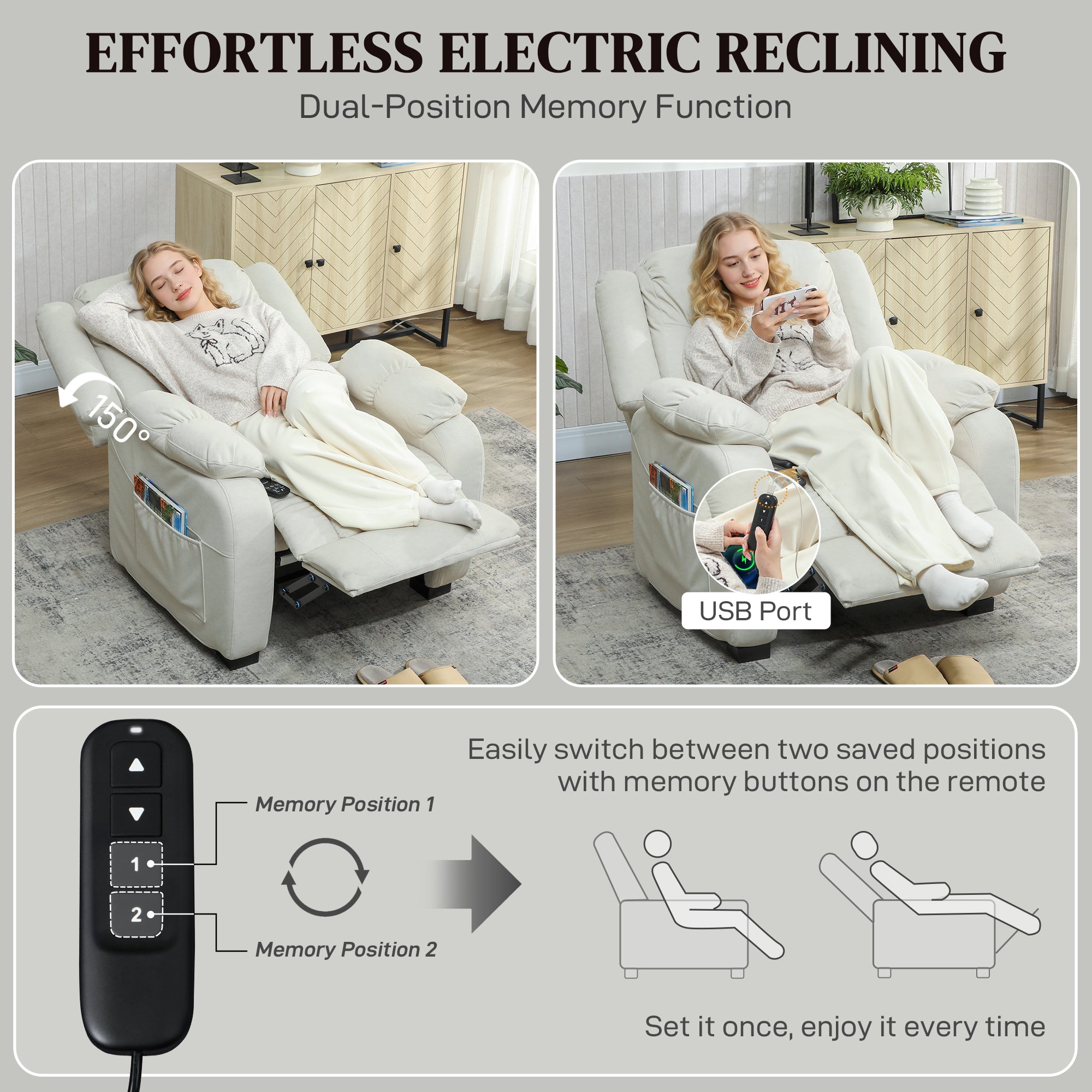 Massage Recliner Chair with Quiet Brushless Motor Pet-Friendly Fabric Power Recliner with 2 Memory Positions Cream White