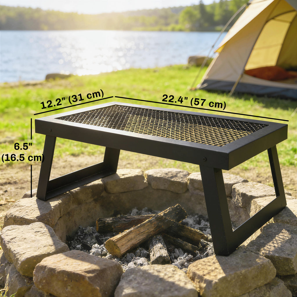 Folding Campfire Grill, 22" x 12" Heavy Duty Carbon Steel Grill Grate with Folding Legs, Black