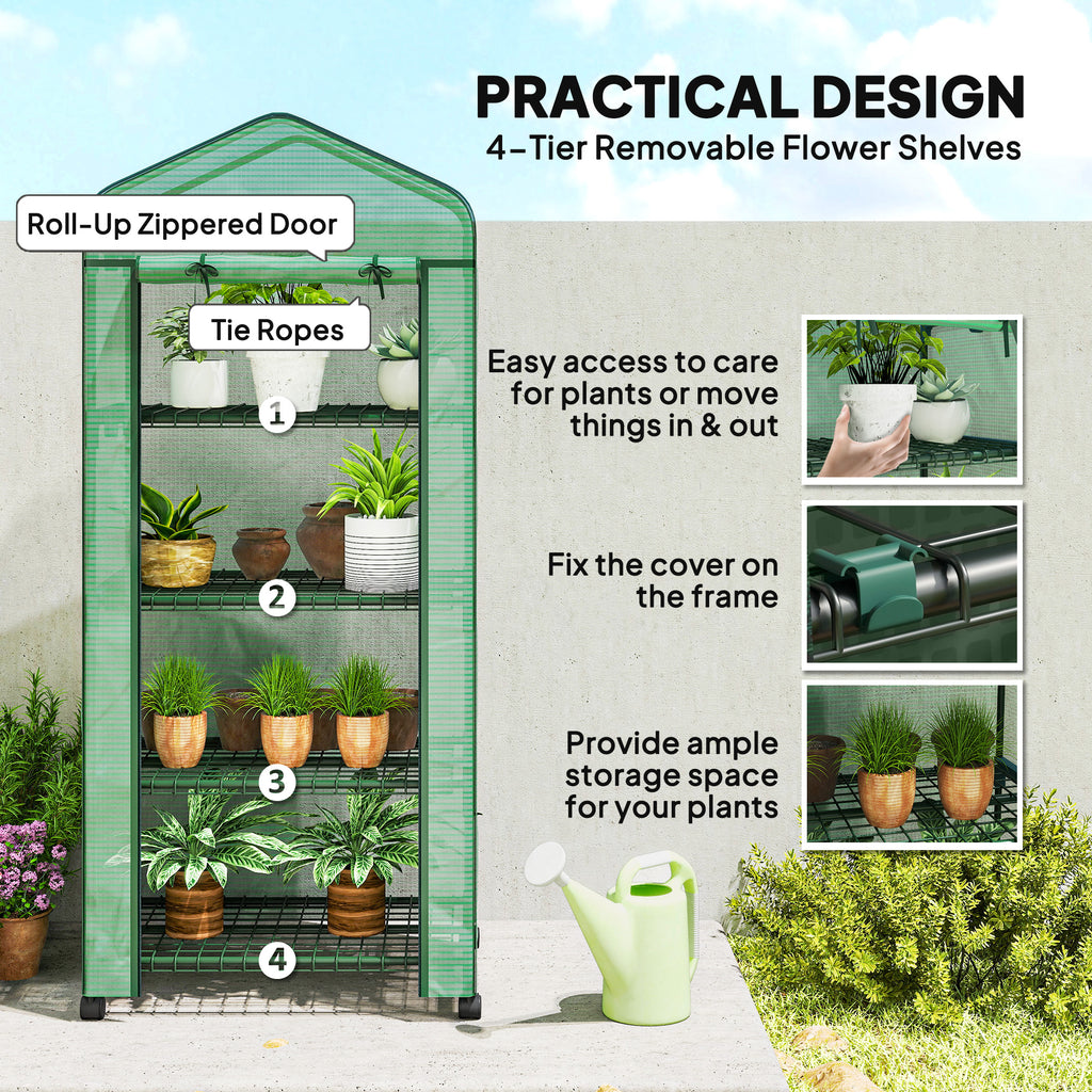 Portable Greenhouse, Outdoor Hot House Plant Flower Greenhouse with 4 Tier Shelves, PE Cover, Green