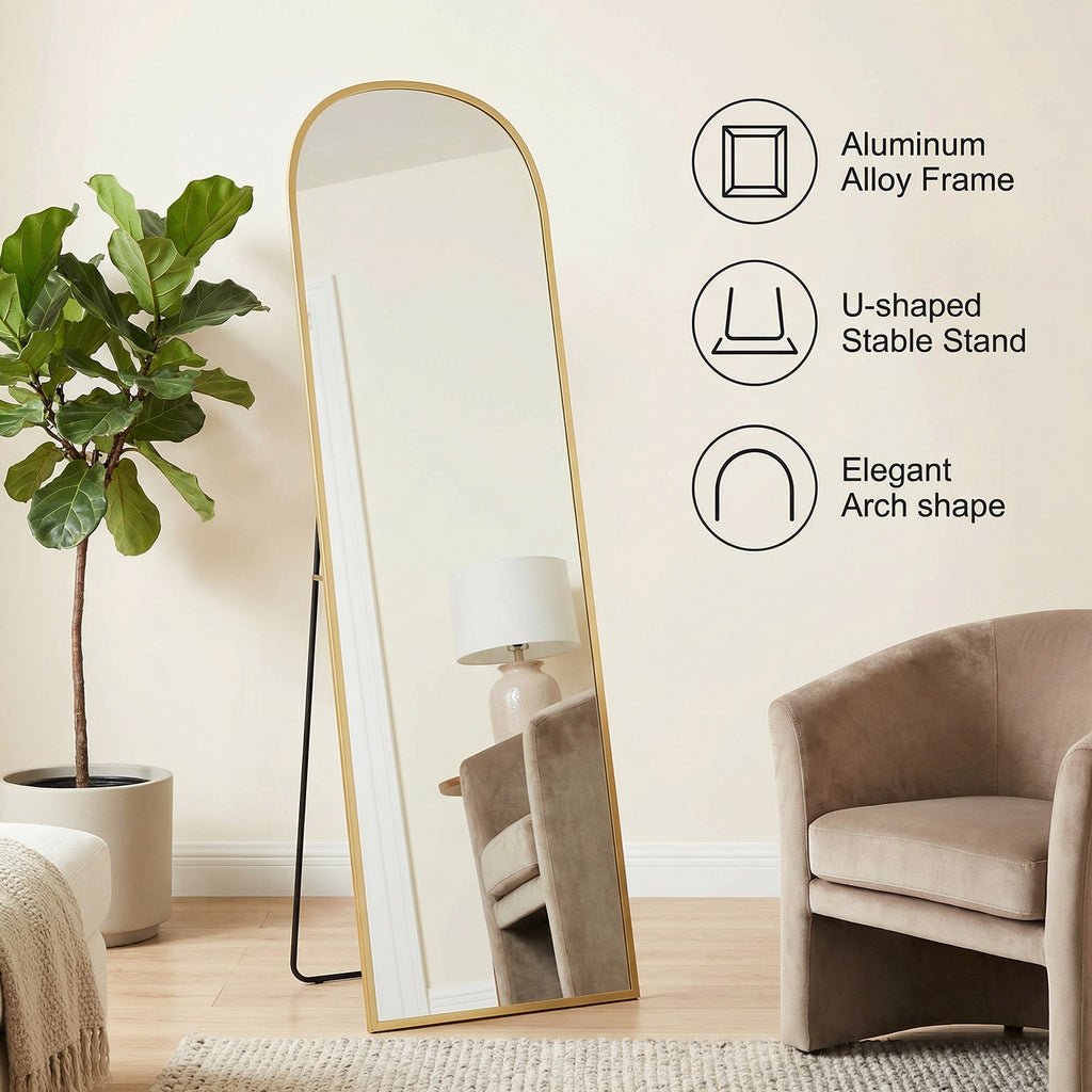Arched Standing Mirror, 64" x 20" Full Length Mirror, Free Standing or Wall Mounted for Living Room, Bedroom, Gold