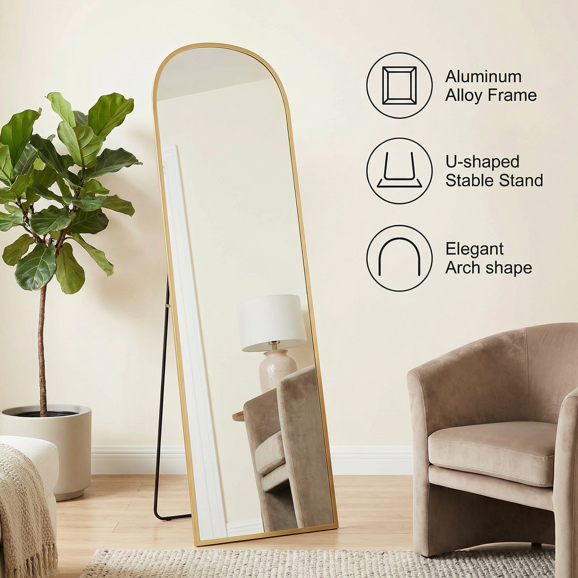 Arched Standing Mirror, 64" x 20" Full Length Mirror, Free Standing or Wall Mounted for Living Room, Bedroom, Gold