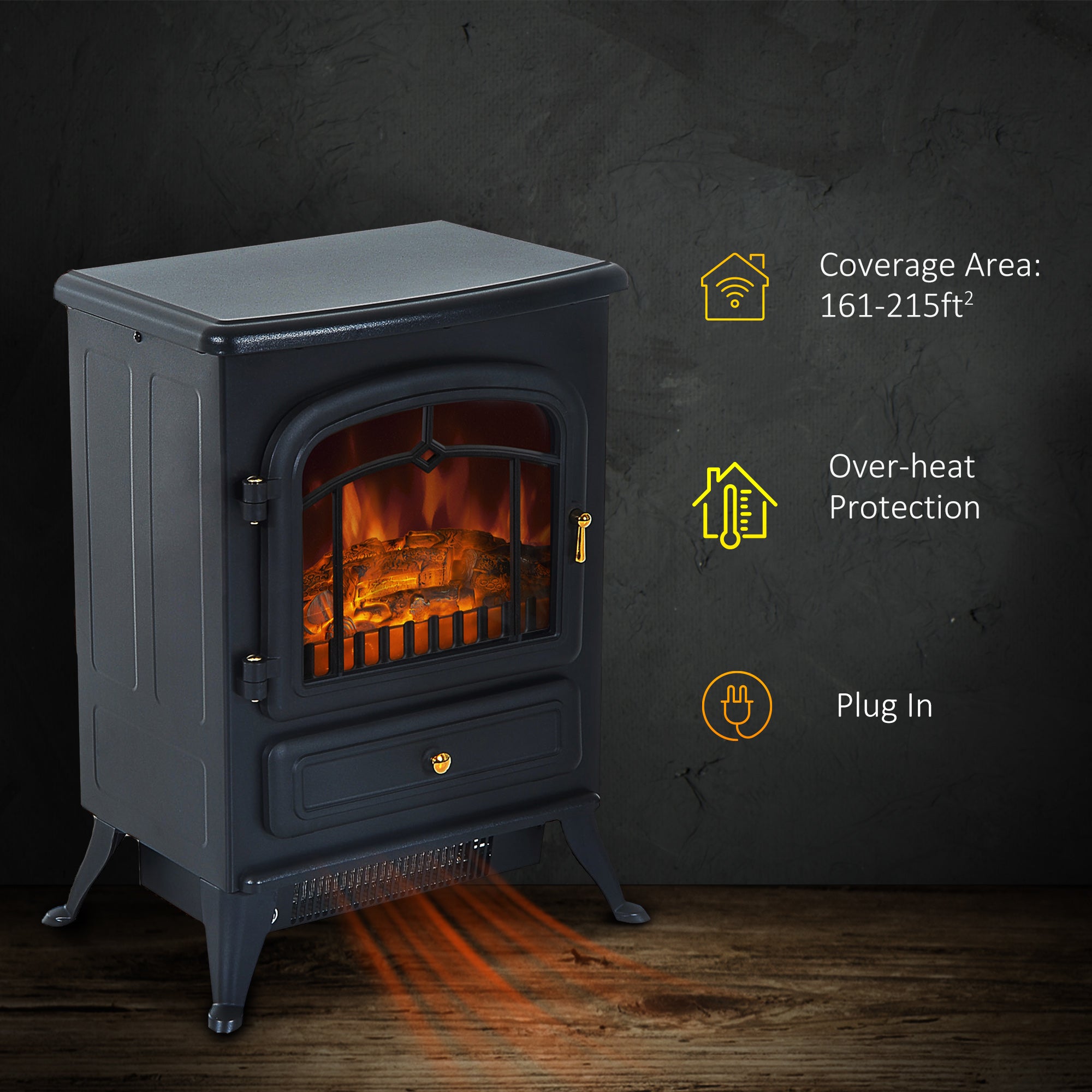 16" Freestanding Electric Fireplace Heater Fire Stove with Wood Burning Flame 750/1500W Black