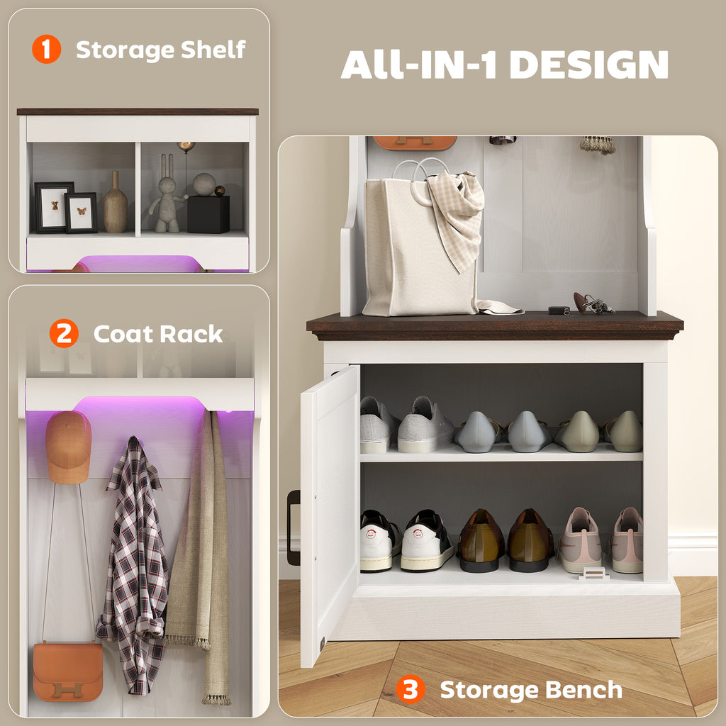 3-in-1 Hall Tree with LED Lights and Bench, Coat Rack with Shoe Storage, White Wood Grain with Light