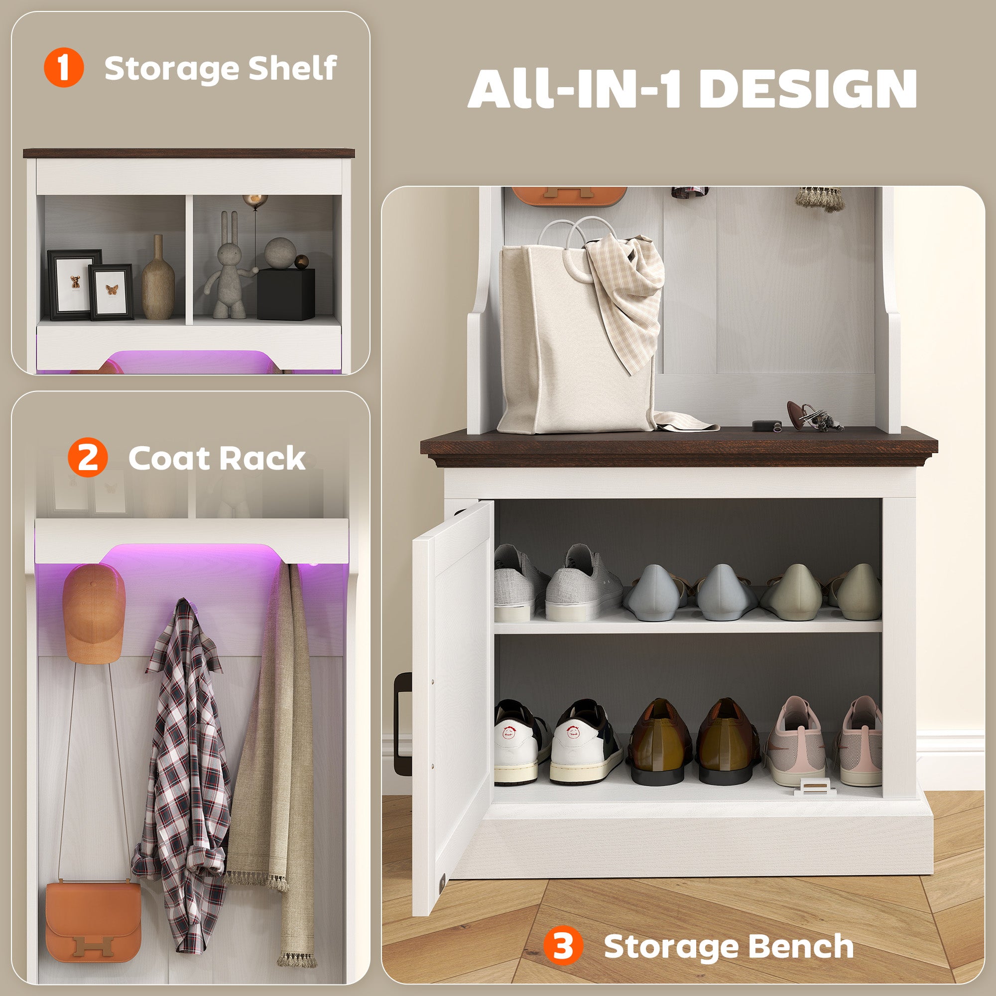 3-in-1 Hall Tree with LED Lights and Bench, Coat Rack with Shoe Storage, White Wood Grain with Light