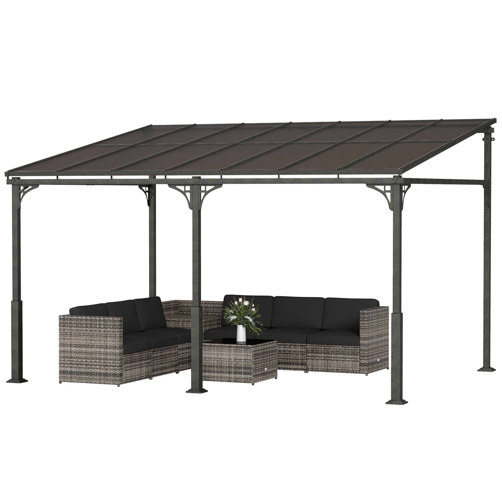 13' x 10' Lean to Gazebo, Hardtop Wall Mounted Outdoor Pergola with Polycarbonate Roof and Metal-Aluminium Frame