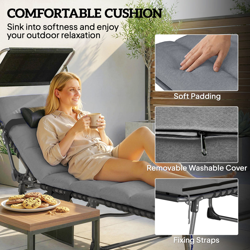 Outdoor Chaise Lounge Chairs, 2 PCS Folding Lounge Chairs with Adjustable 5-Position, Cushion, Canopy, Side Pocket