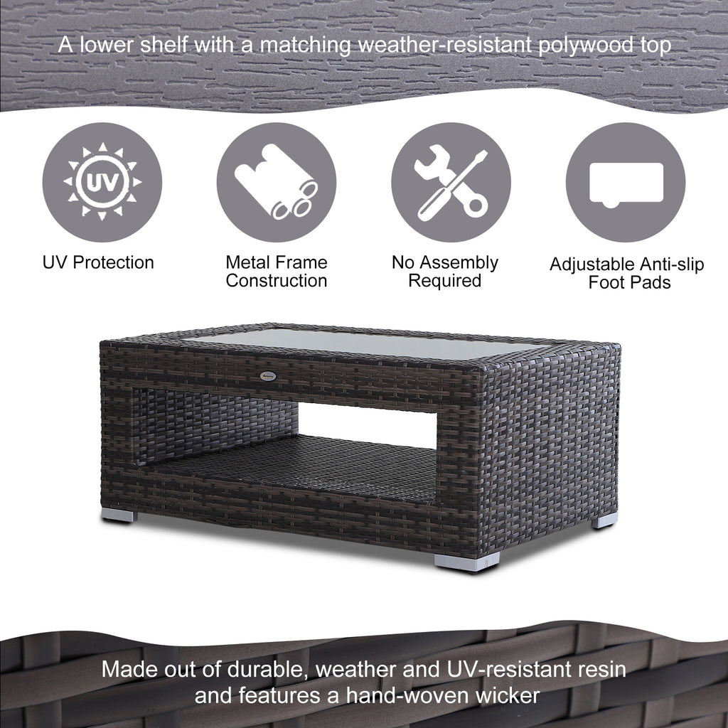 2-Tier Rattan Patio Coffee Table Wicker Patio Tea End Desk with Tempered Glass Top & Storage for Balcony, Backyard, Poolside