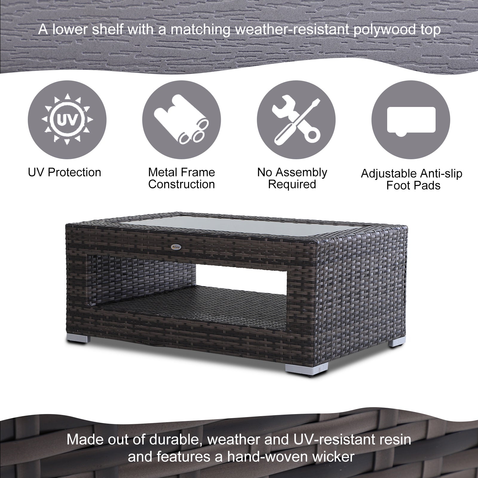 2-Tier Rattan Patio Coffee Table Wicker Patio Tea End Desk with Tempered Glass Top & Storage for Balcony, Backyard, Poolside