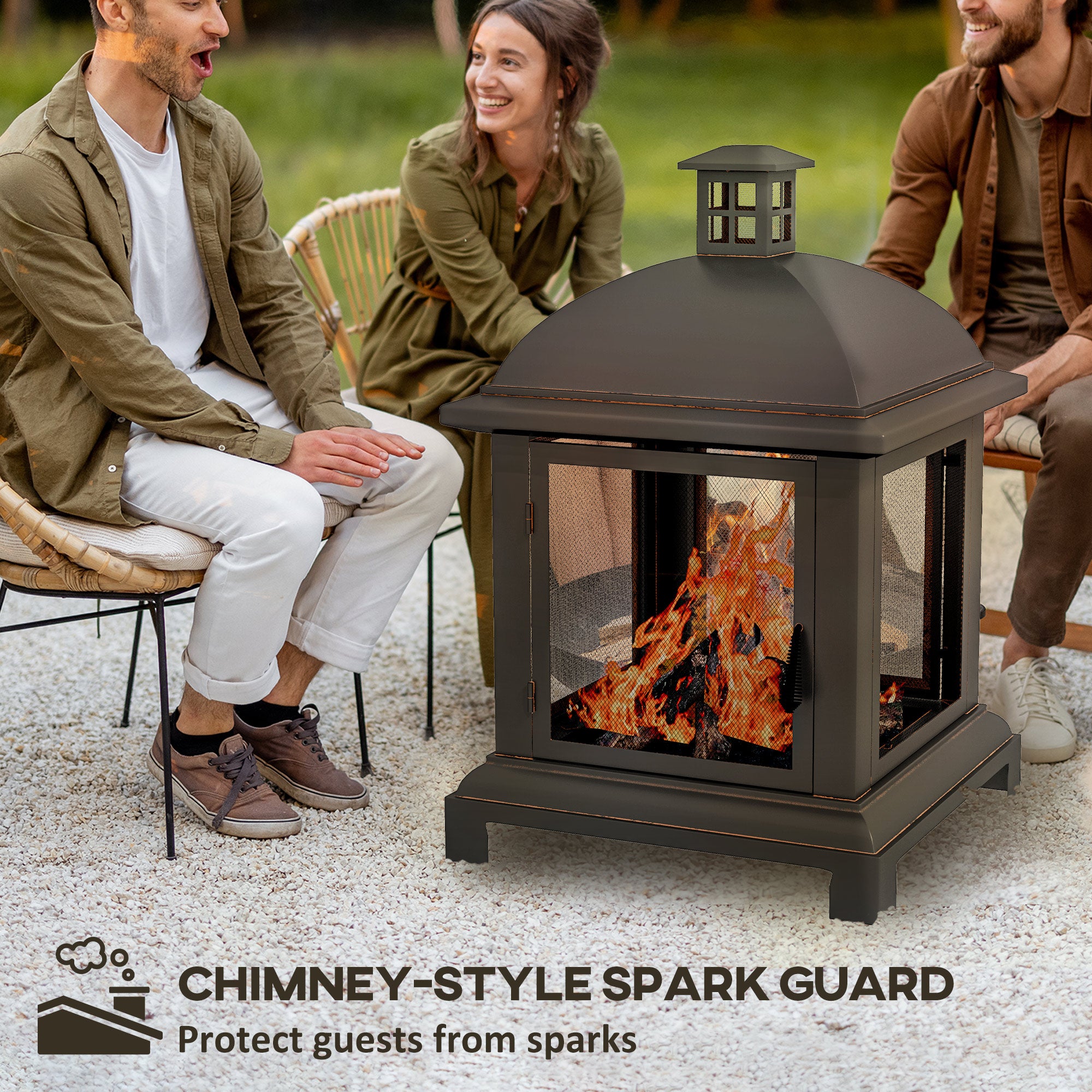Wood-Burning Fire Pit, Chimney Style Firepit with Poker, 26" x 26", Black