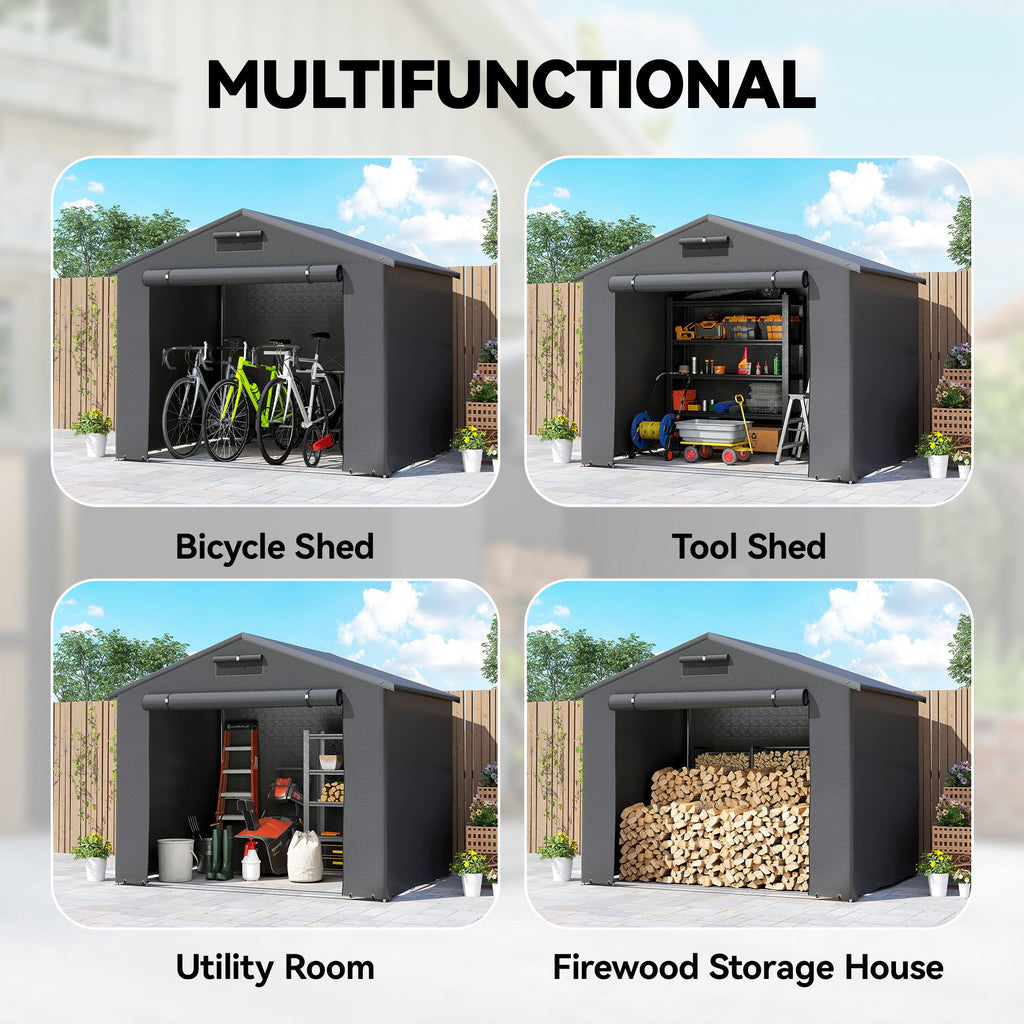 8' x 6' Portable Shed, Waterproof Bike Tent with Roll-up Zipper Door, Vent and Galvanised Metal Frame, Dark Grey