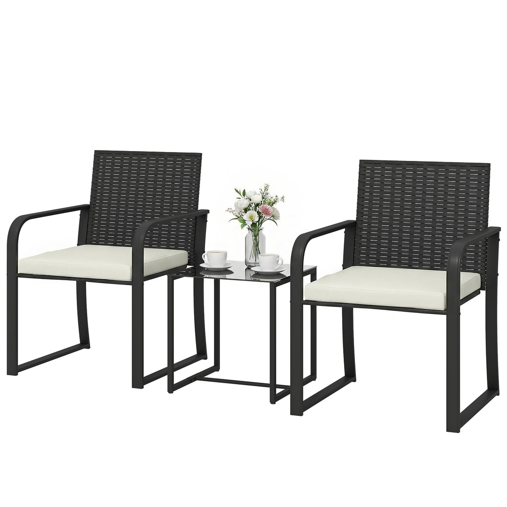 Outdoor Bistro Set, 3 Piece Wicker Patio Furniture with Mesh Seat, Glass Table, Cushions for Porch, Balcony, Cream White