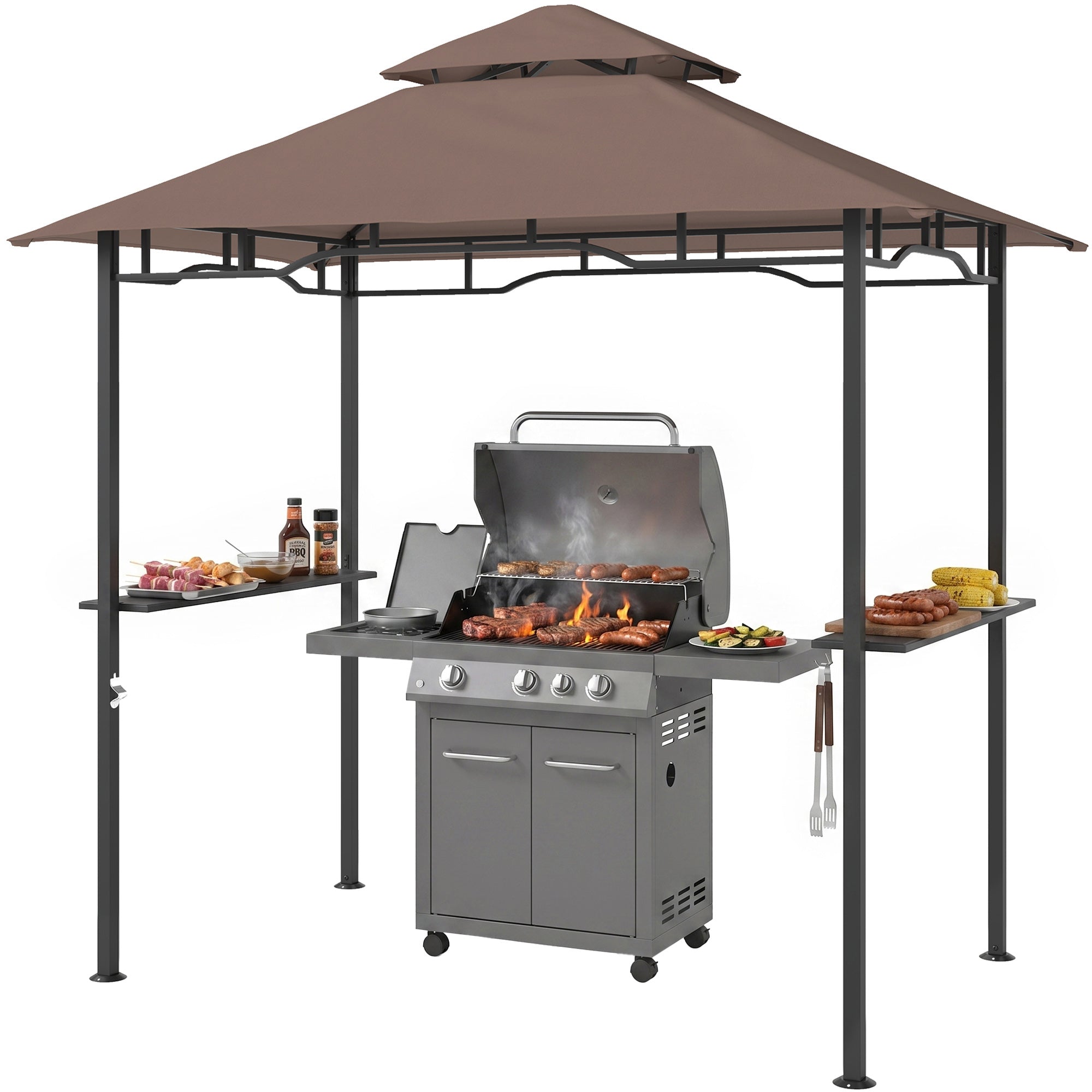8' x 5' BBQ Grill Gazebo Tent with Double Tiered Canopy for Outdoor Sun Shade, Coffee