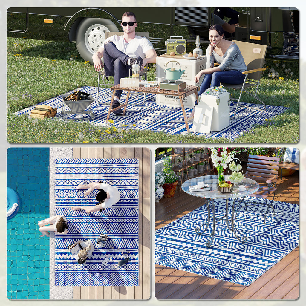 Reversible Outdoor Rug, Patio Floor Mat, 6'x9' Plastic Straw Rug for Backyard Deck, Beach, Camping, Dark Blue and White