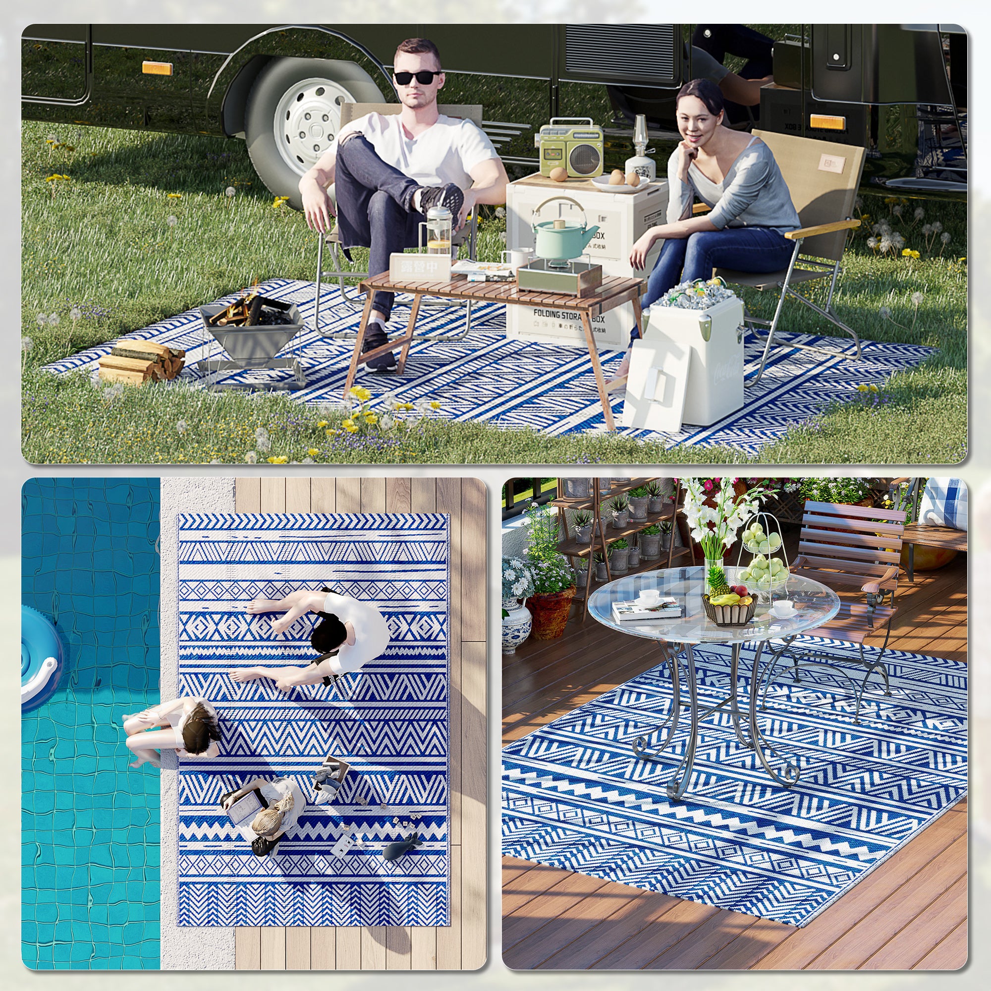 Reversible Outdoor Rug, Patio Floor Mat, 6'x9' Plastic Straw Rug for Backyard Deck, Beach, Camping, Dark Blue and White