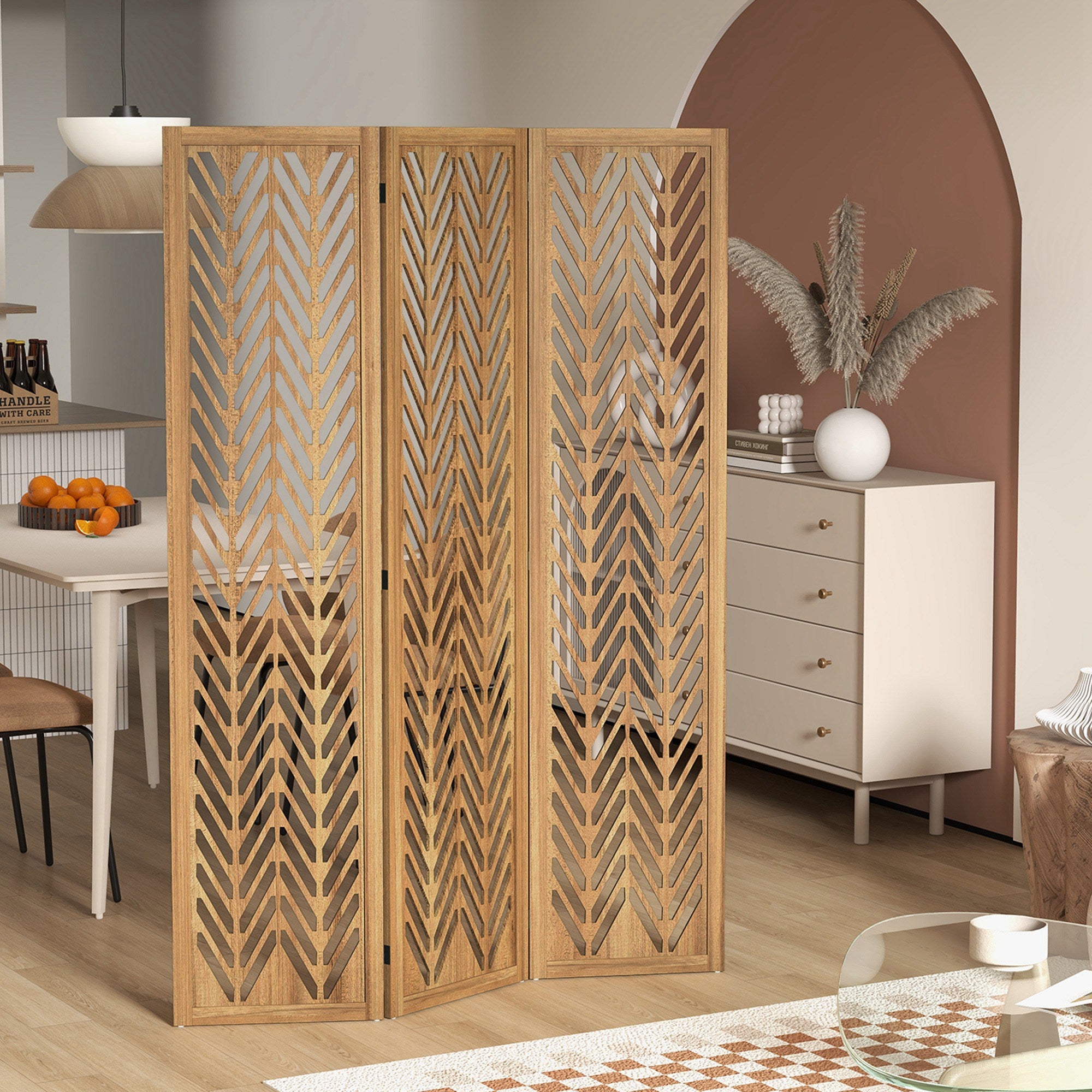 3 Panel Room Divider, 5.6ft Tall Wood Folding Privacy Screens, Freestanding Partition Wall Dividers, Light Brown