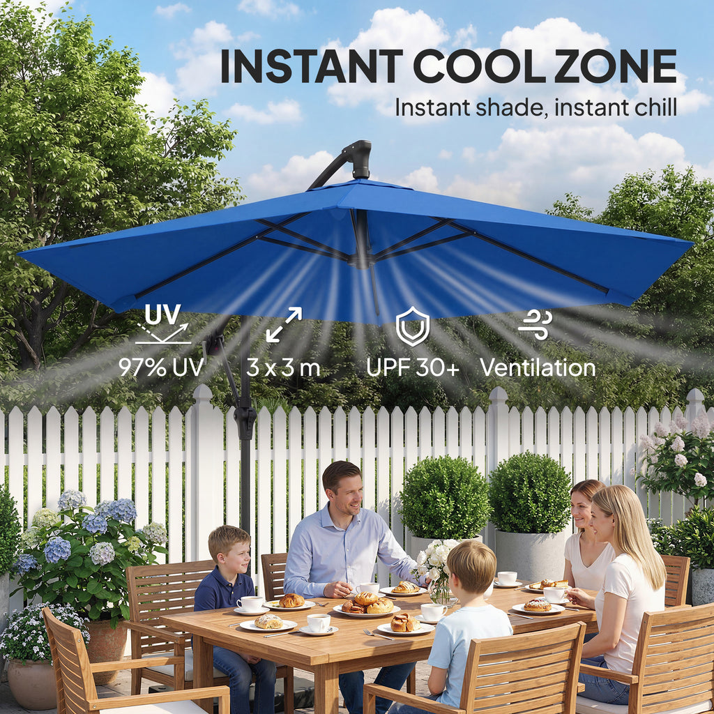 9.7 ft Offset Patio Umbrella with Water/Sand Fillable Weights, Garden Hanging Parasol with Locking Latch, Navy Blue