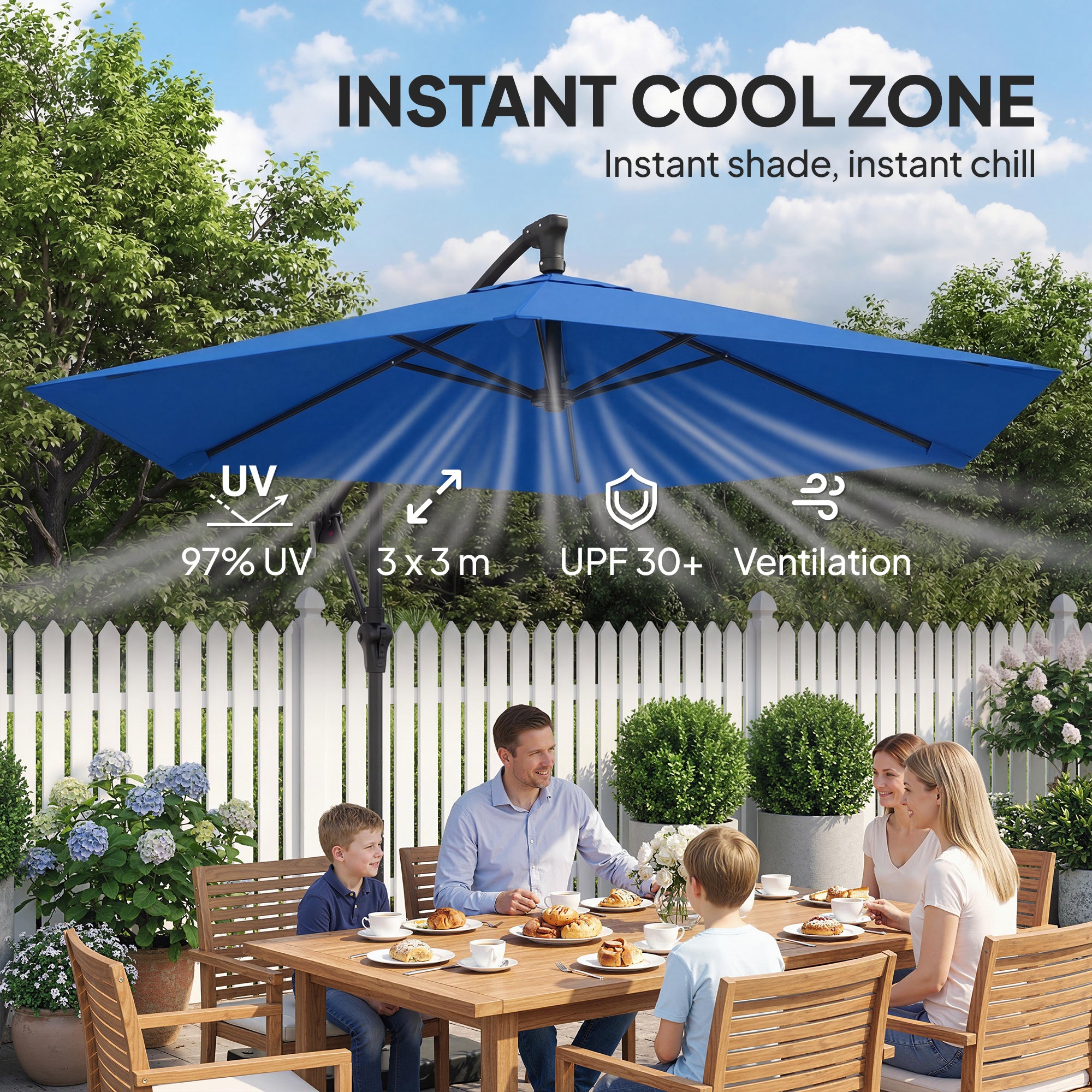 9.7 ft Offset Patio Umbrella with Water/Sand Fillable Weights, Garden Hanging Parasol with Locking Latch, Navy Blue