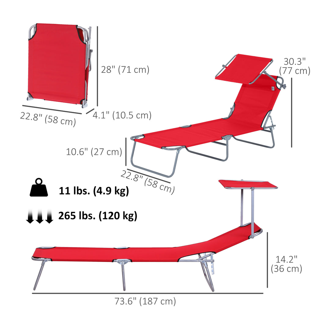 Outdoor Lounge Chair, Adjustable Folding Chaise Lounge, Tanning Chair with Sun Shade for Beach, Camping, Hiking, Backyard, Red