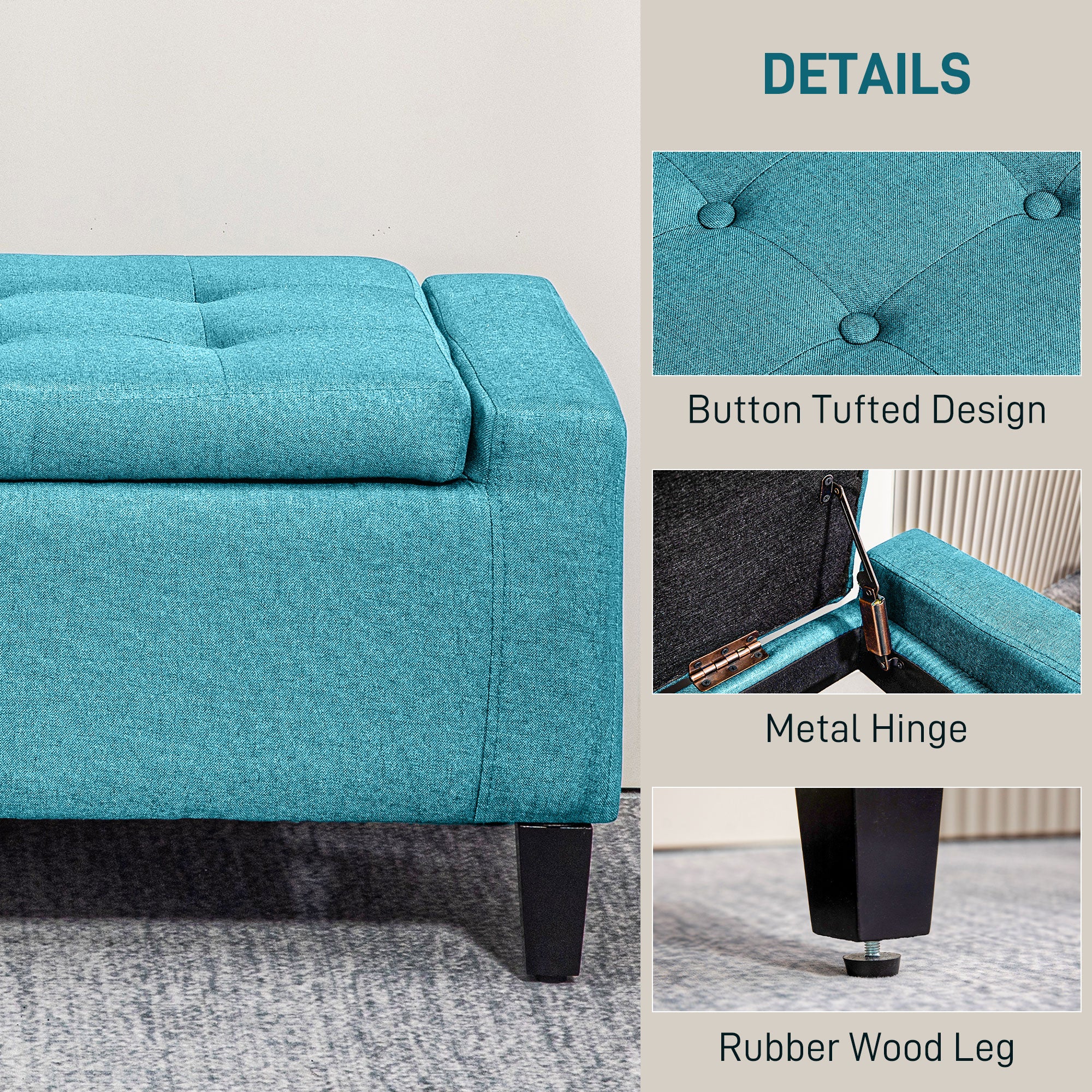 Storage Ottoman Bench, Linen Upholstered Bench with Tufted Design, Green