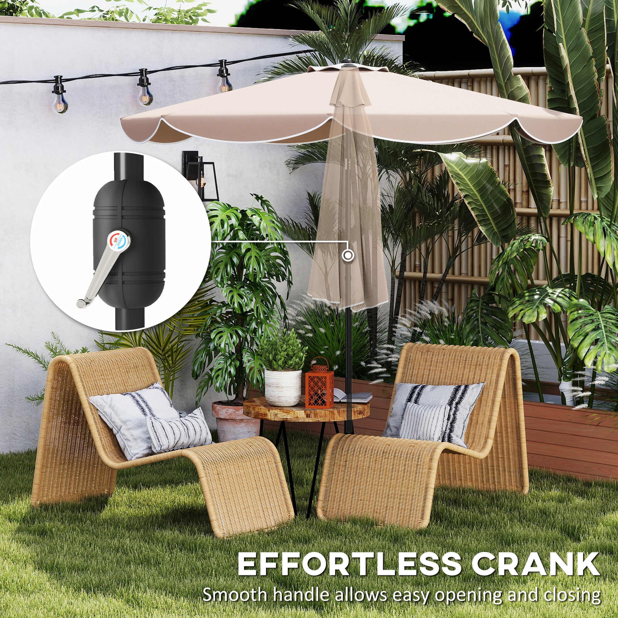 9' x 9' Round Market Umbrella with Valance, Patio Umbrella with Tilt and Crank, for Garden, Deck, Poolside, Khaki
