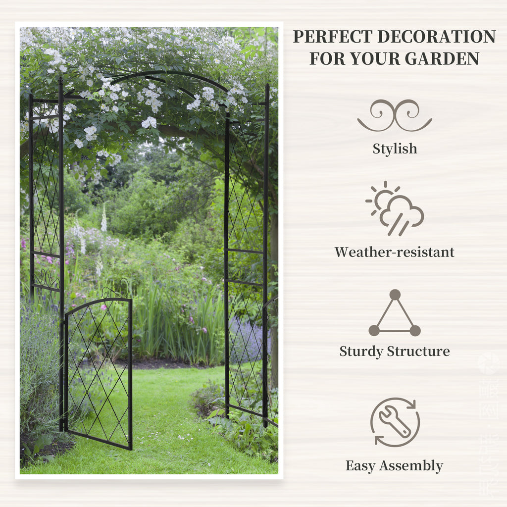 7FT Metal Garden Arch with Gate Climbing Planter Frame Backyard Decor for Vines Morning Glory Black