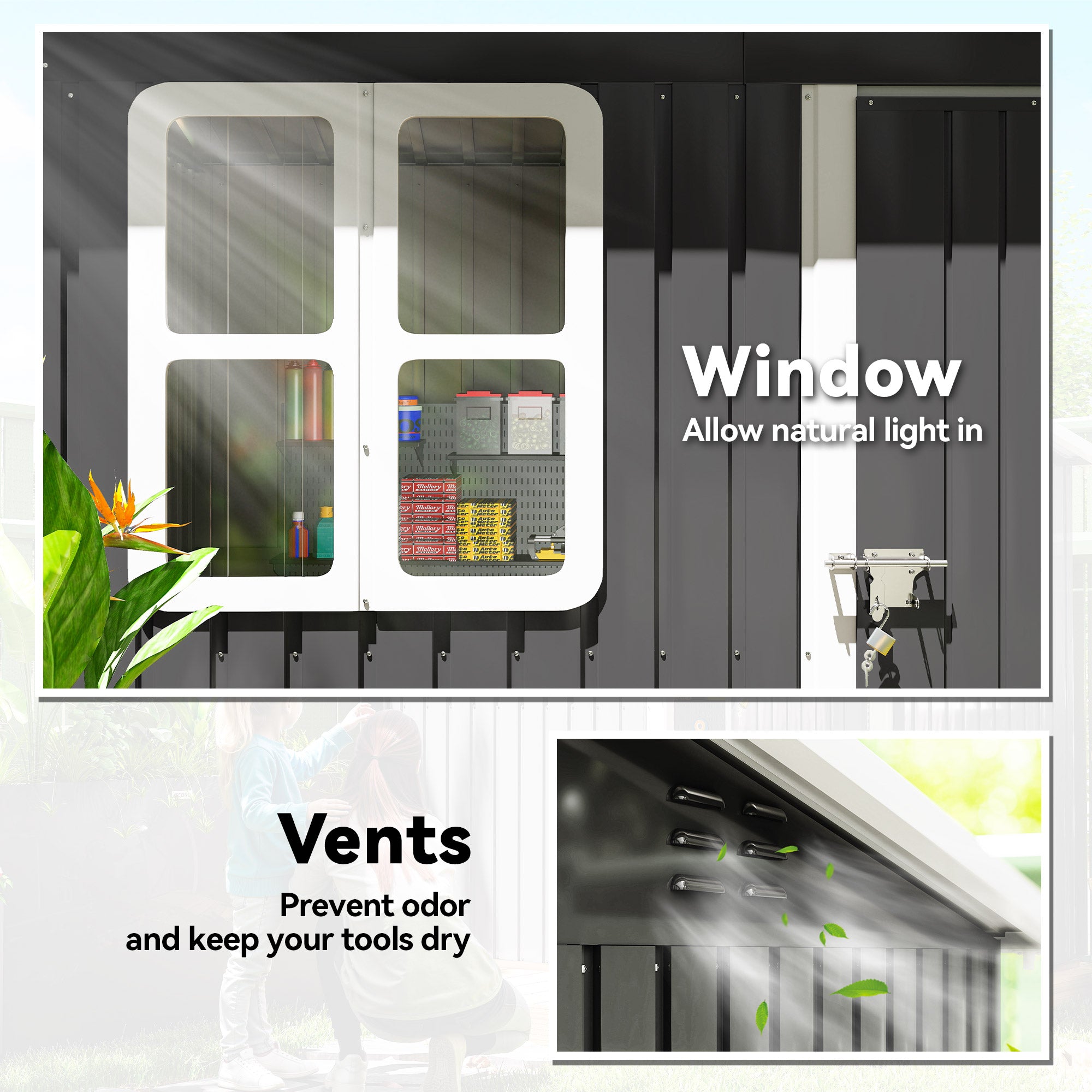 7' x 4' Galvanised Steel Outdoor Storage Shed, Garden Shed with Window, Lockable Wide Door and Air Vents, Dark Grey