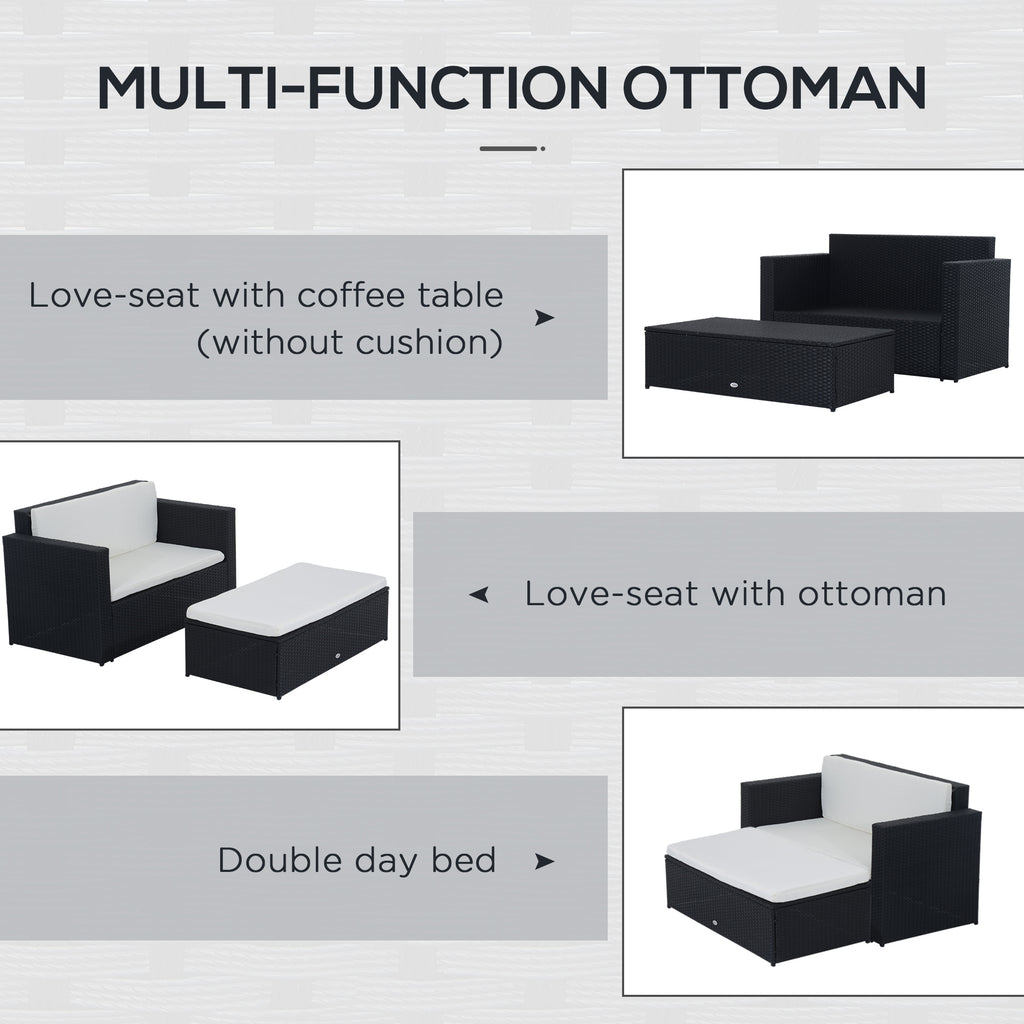 2 Pieces Wicker Patio Furniture Set with Double Ottoman, Outdoor PE Rattan Conversation Set with Loveseat and Two Seat Ottoman, Cream White