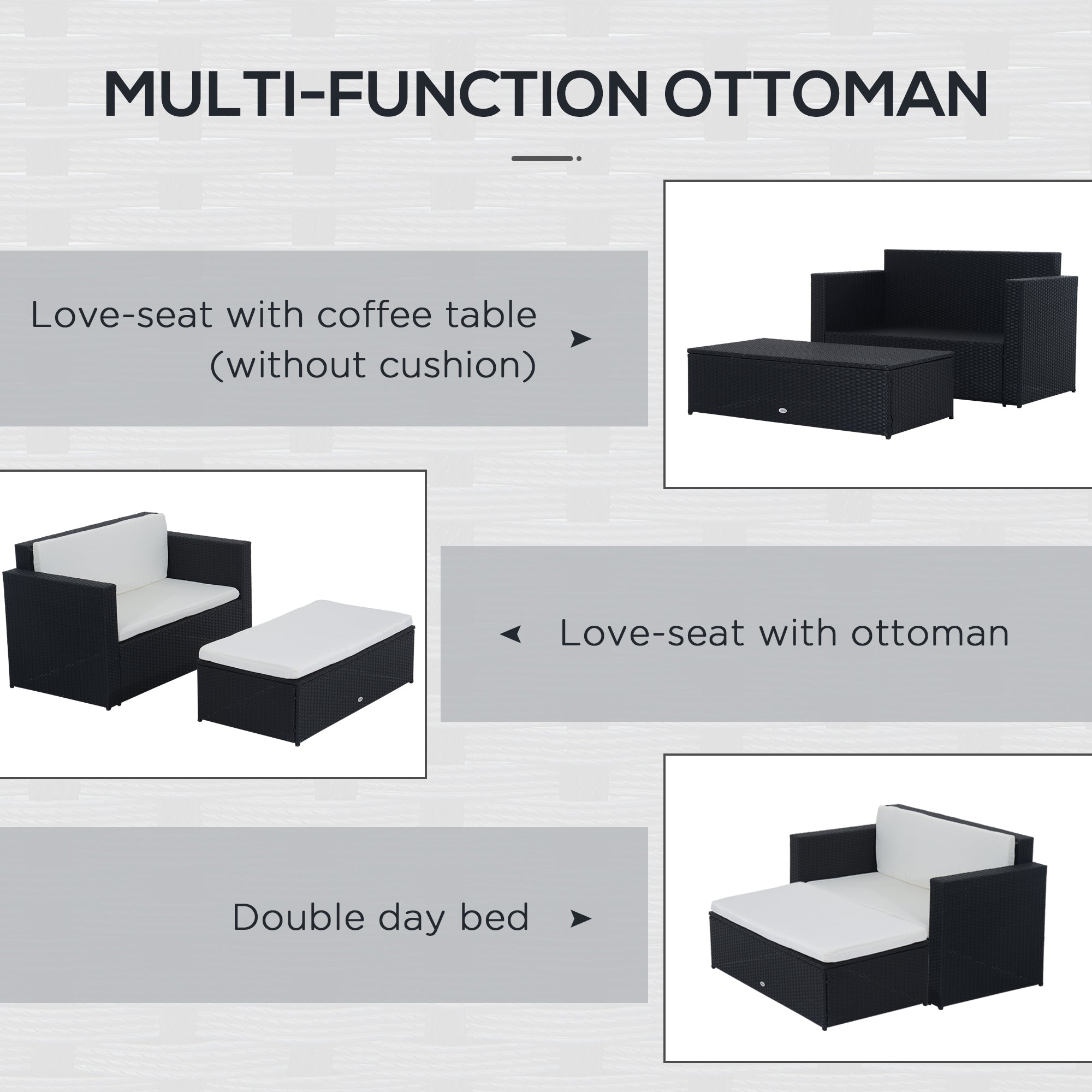 2 Pieces Wicker Patio Furniture Set with Double Ottoman, Outdoor PE Rattan Conversation Set with Loveseat and Two Seat Ottoman, Cream White