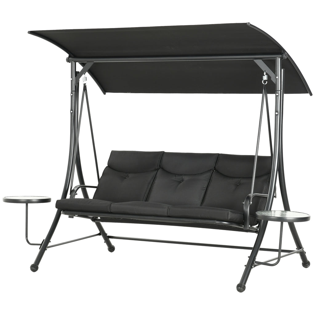 3-Seat Outdoor Swing Chair Steel Swing Bench with Adjustable Canopy & Coffee Tables & Cushion for Patio Garden, Black