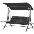 3-Seat Outdoor Swing Chair Steel Swing Bench with Adjustable Canopy & Coffee Tables & Cushion for Patio Garden, Black