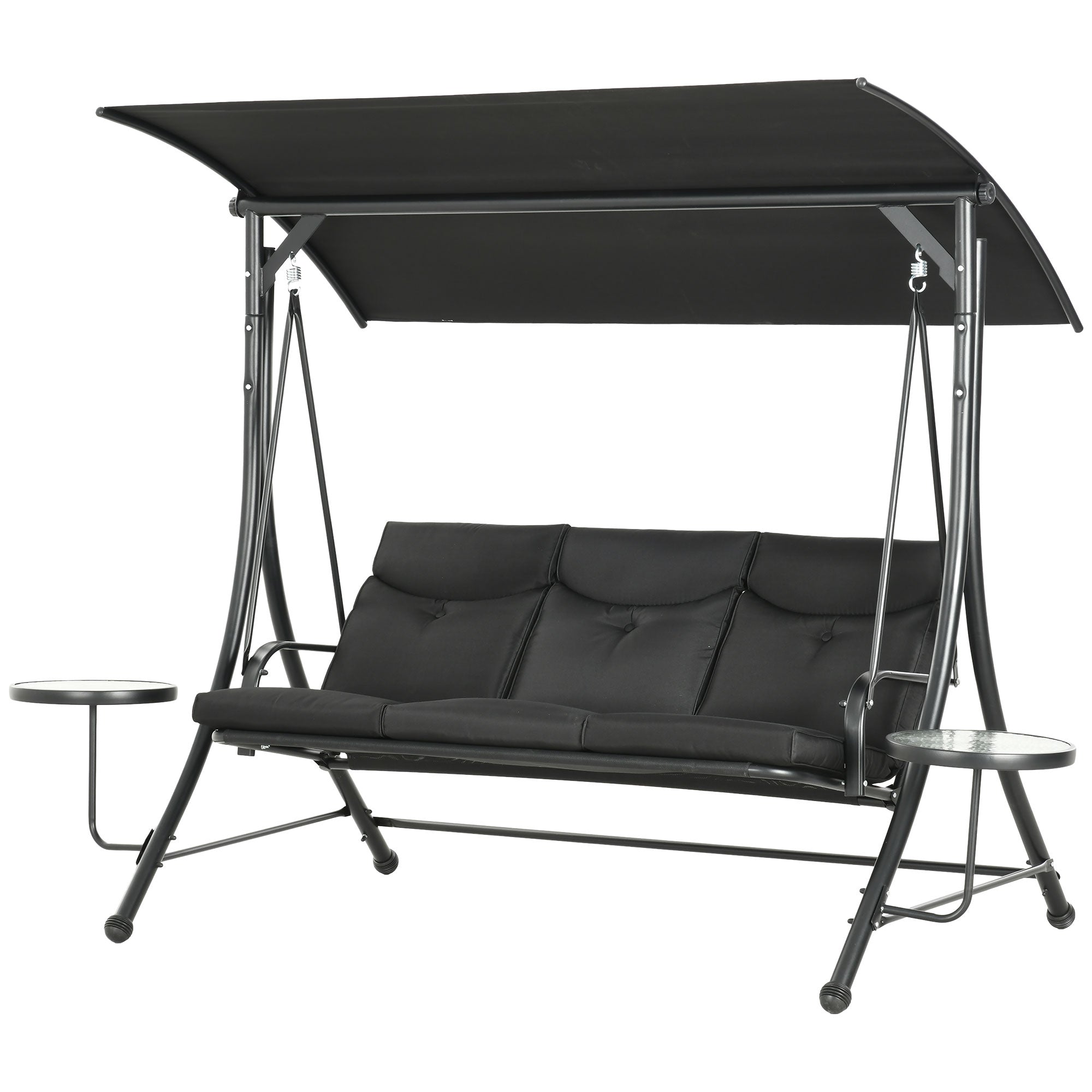 3-Seat Outdoor Swing Chair Steel Swing Bench with Adjustable Canopy & Coffee Tables & Cushion for Patio Garden, Black