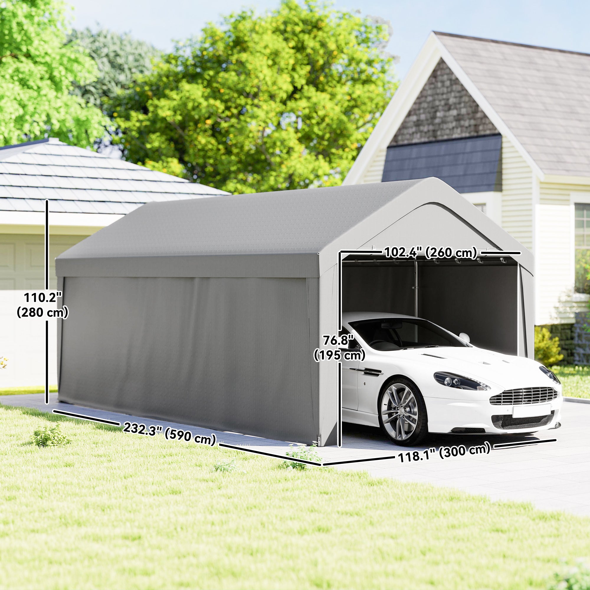 Carport, 10 x 20 ft Portable Garage with 2 Roll-Up Doors and Removable Sidewalls for Car, Truck, Boat, Light Grey
