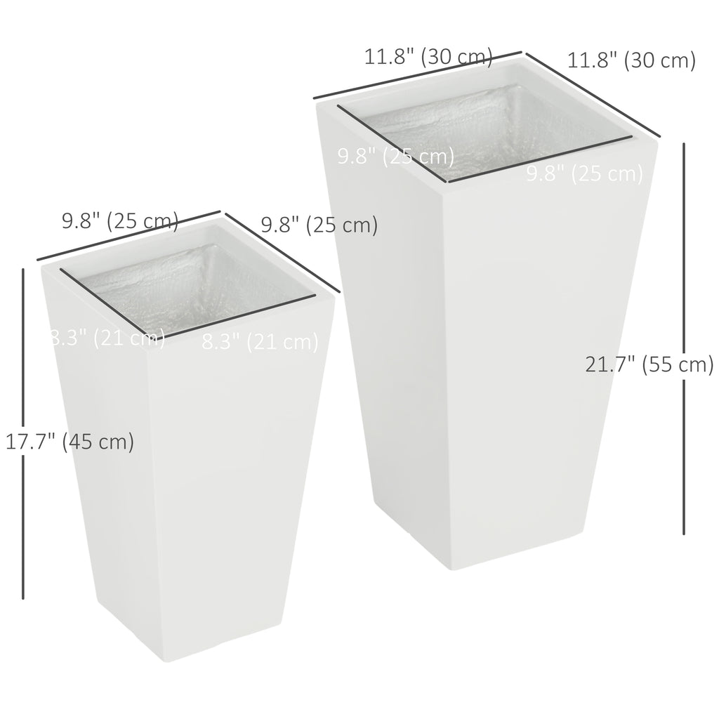 Set of 2 Tall Planters with Drainage Holes, 22" / 18" Outdoor Flower Pots for Patio, Yard, Garden, White