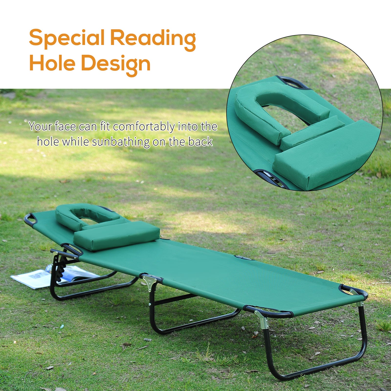 Folding Outdoor Lounge Chair, Portable Reclining Beach Lounger with Face Hole, Detachable Pillow, 3-Position Adjustable Backrest, For Patio, Garden, Poolside, Green