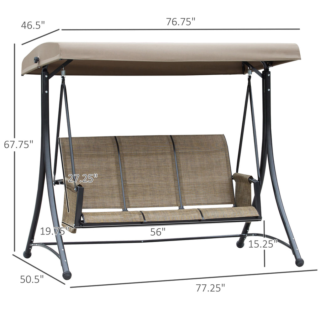 3 Person Porch Swing Outdoor Swing Chair with High Back Design, Side Pouches and Adjustable Canopy, Brown