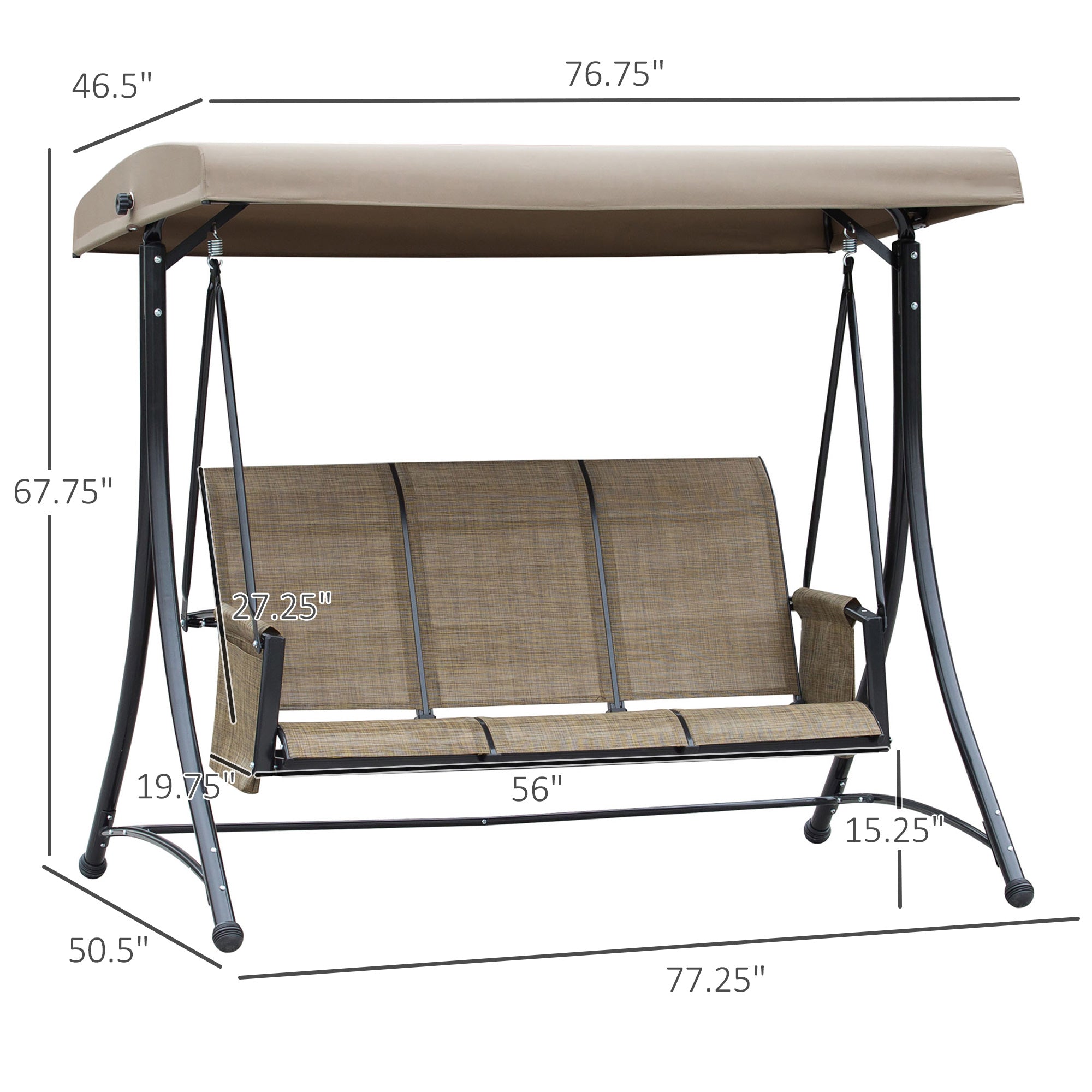 3 Person Porch Swing Outdoor Swing Chair with High Back Design, Side Pouches and Adjustable Canopy, Brown